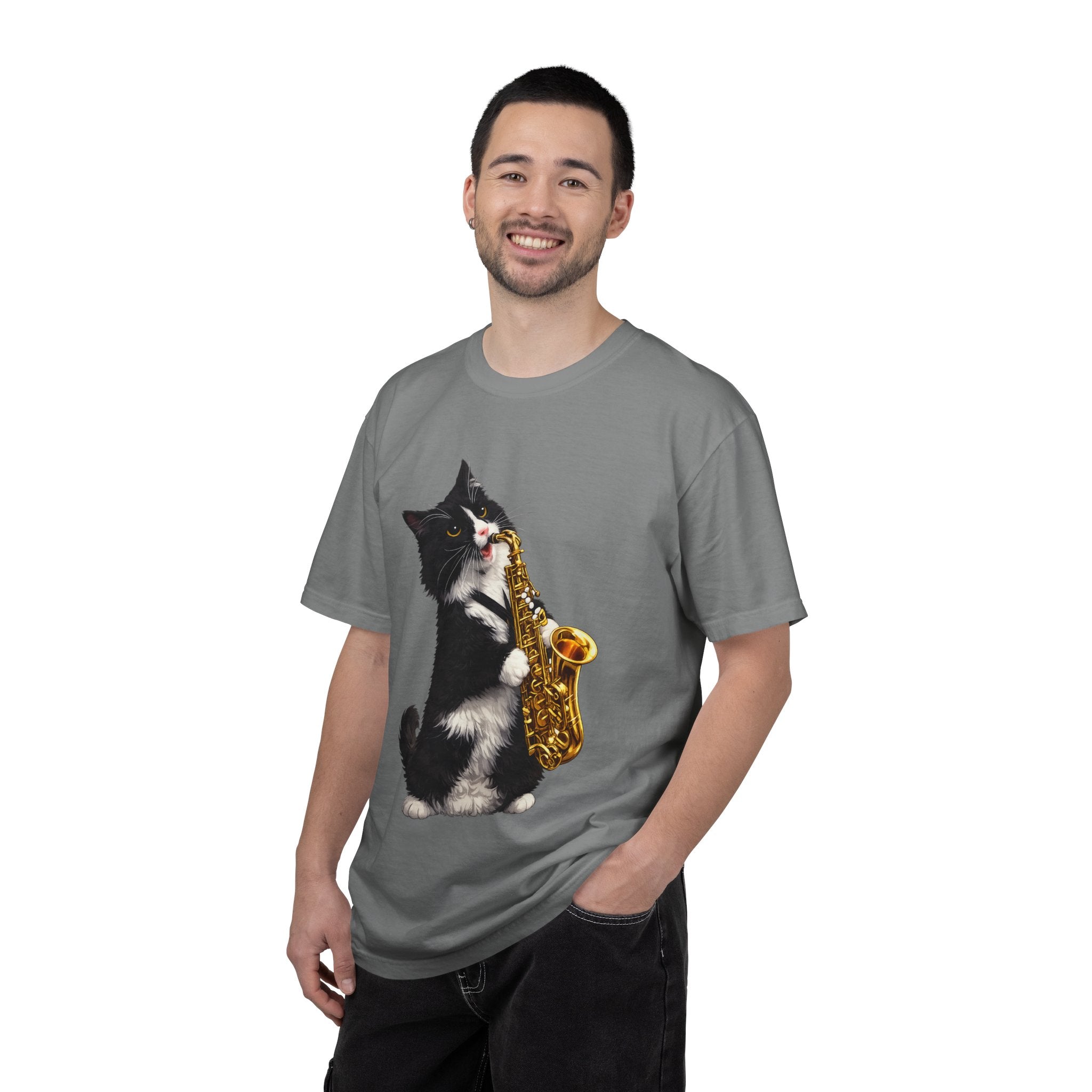 Tuxedo Cat Playing Saxophone T-Shirt — Funny Jazz Kitty Graphic Tee