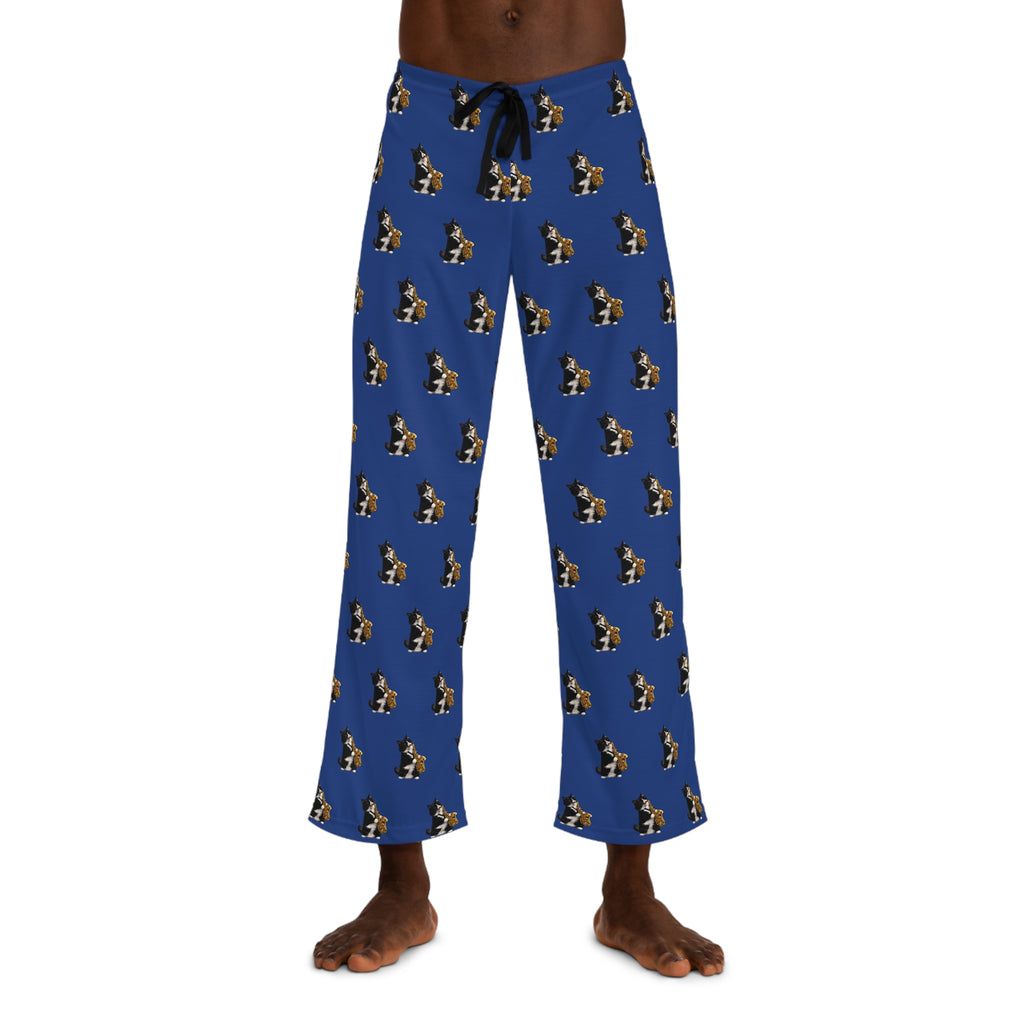 Men's Blue Pajama Pants with Tuxedo Cat Playing Saxophone Pattern