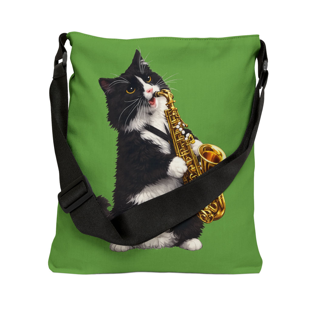 Saxophone Tuxedo Cat Green Adjustable Tote Bag — Cute Musical Cat Shoulder Bag