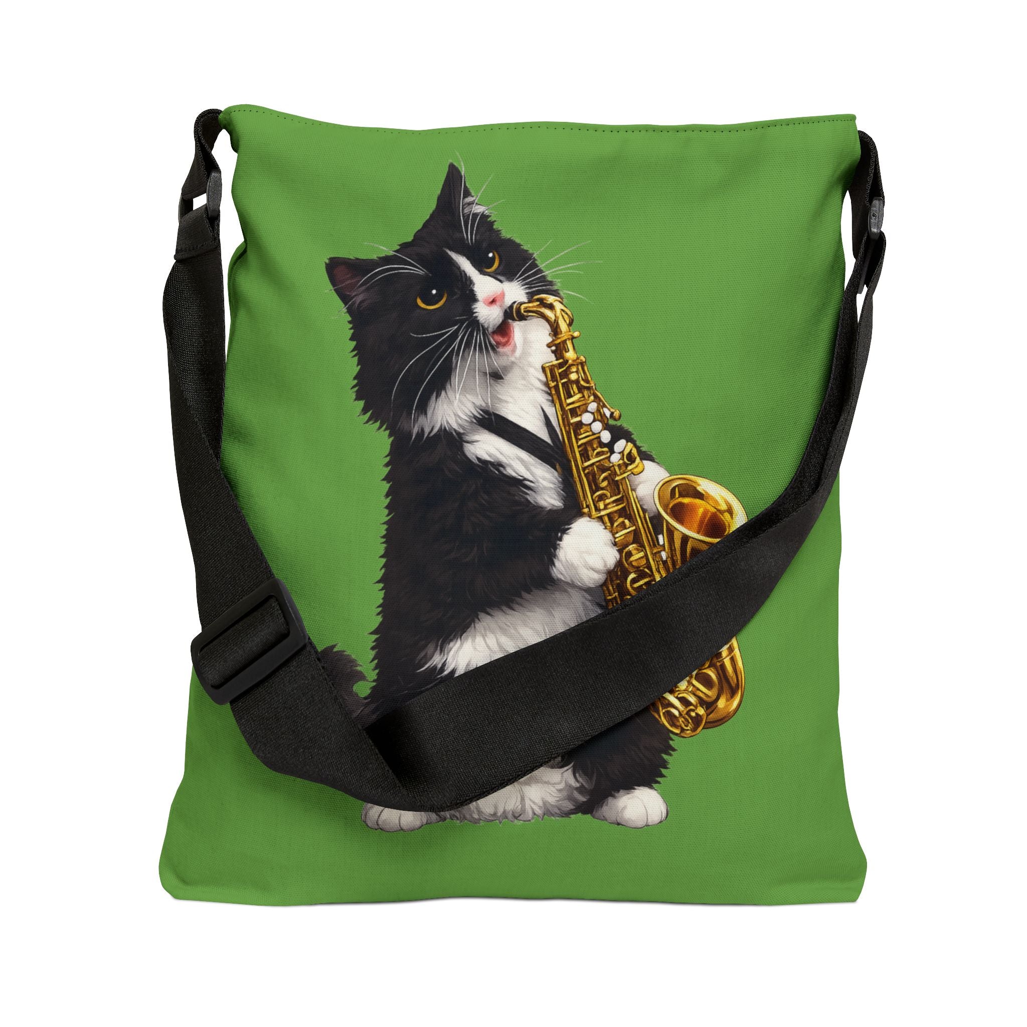 Saxophone Tuxedo Cat Green Adjustable Tote Bag — Cute Musical Cat Shoulder Bag