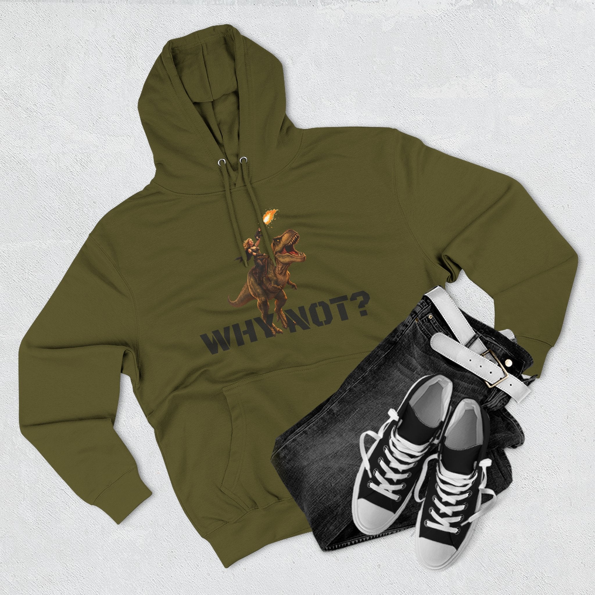 Dinosaur Rider Crystal Sparkle Hoodie — 'WHY NOT?' Graphic Pullover