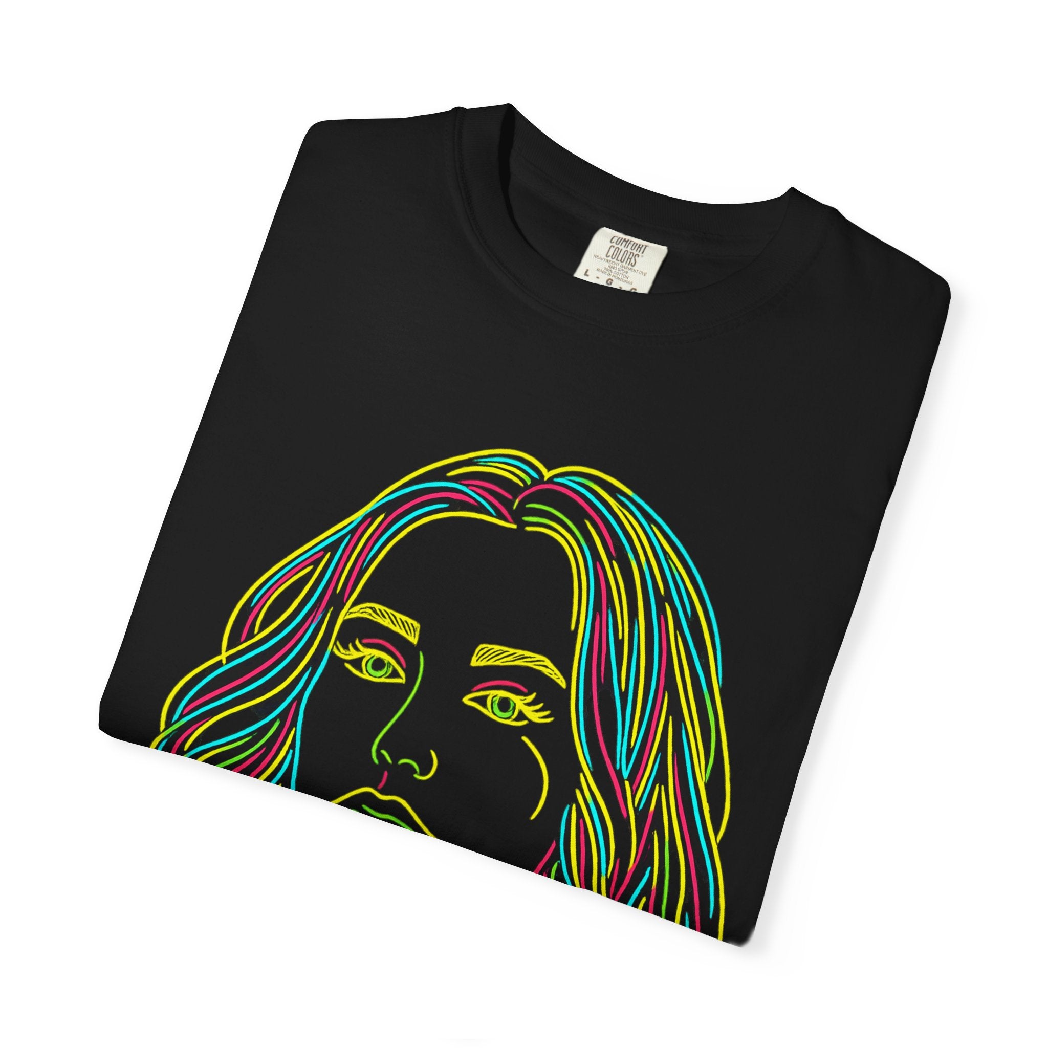 Crystal Sparkle Neon Line Art Portrait by CowboyH T-Shirt — Colorful Women's Face Graphic Tee