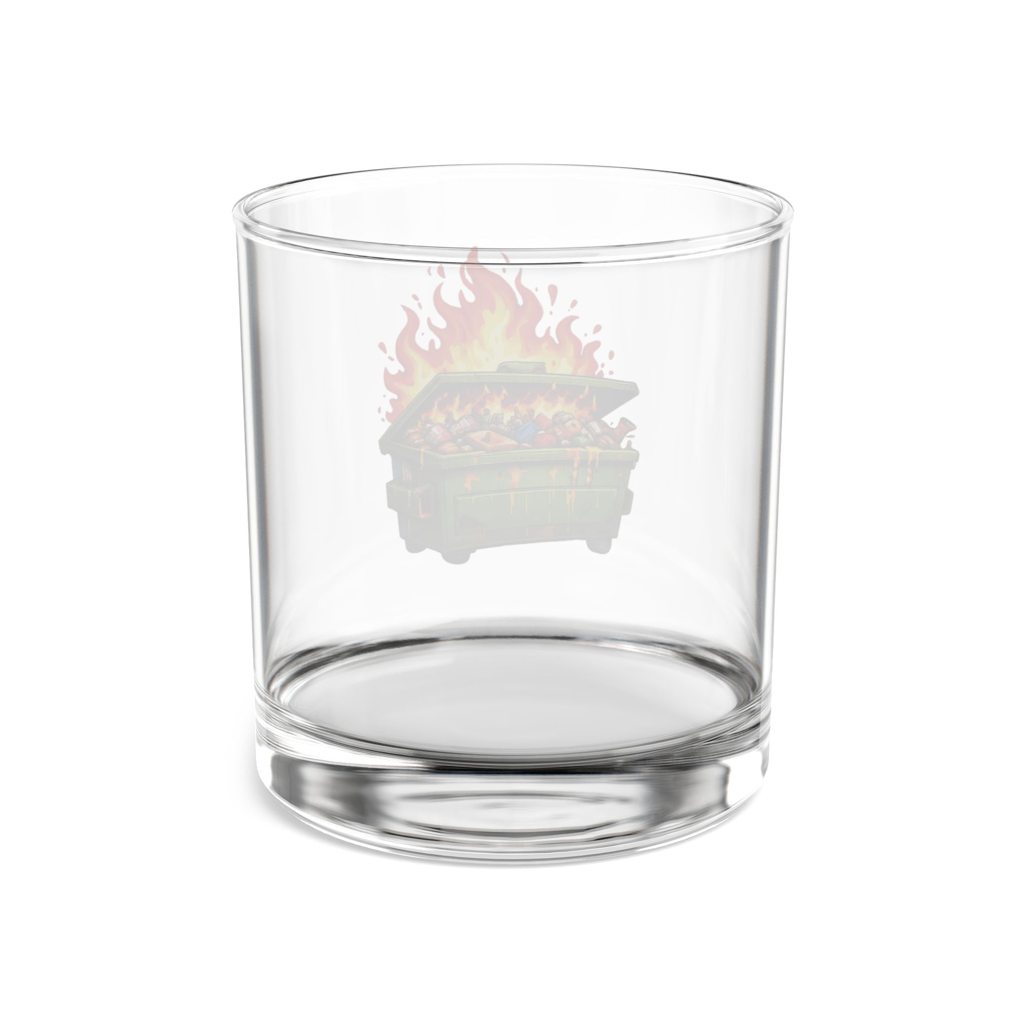 Dumpster Fire by TaliasaurusRex Rocks Glass — 10oz Whiskey Glass with Funny Flaming Dumpster Design