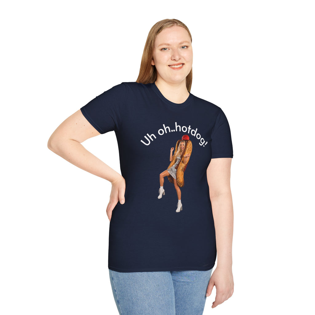 Crystal Sparkle Hotdog Costume by SneakyPete Humorous Unisex Softstyle T-Shirt - 'Uh oh.. hotdog!' Fun Graphic Tee