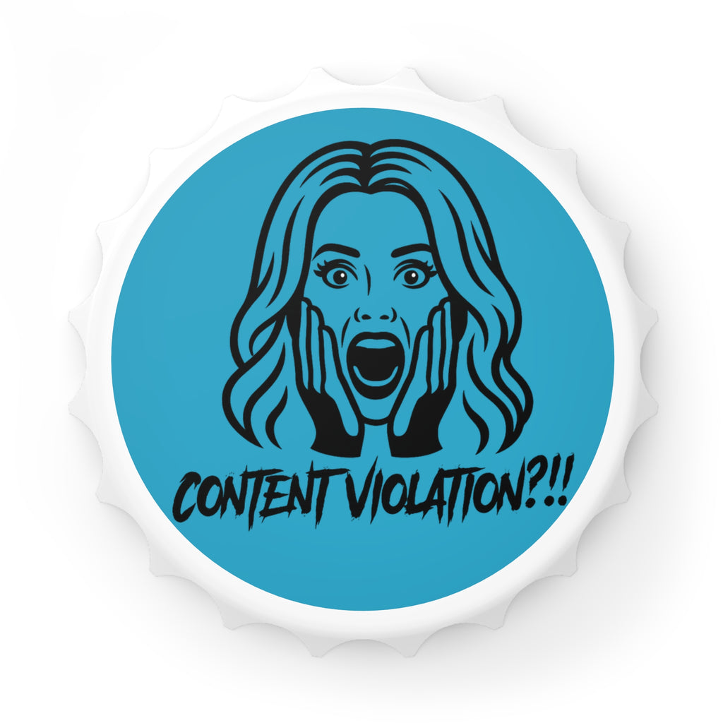 Crystal Sparkle Content Violation?! Teal Bottle Opener — Funny Pop Art Bar Keychain for Social Media Moderators
