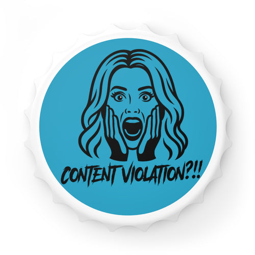 Crystal Sparkle Content Violation?! Teal Bottle Opener — Funny Pop Art Bar Keychain for Social Media Moderators