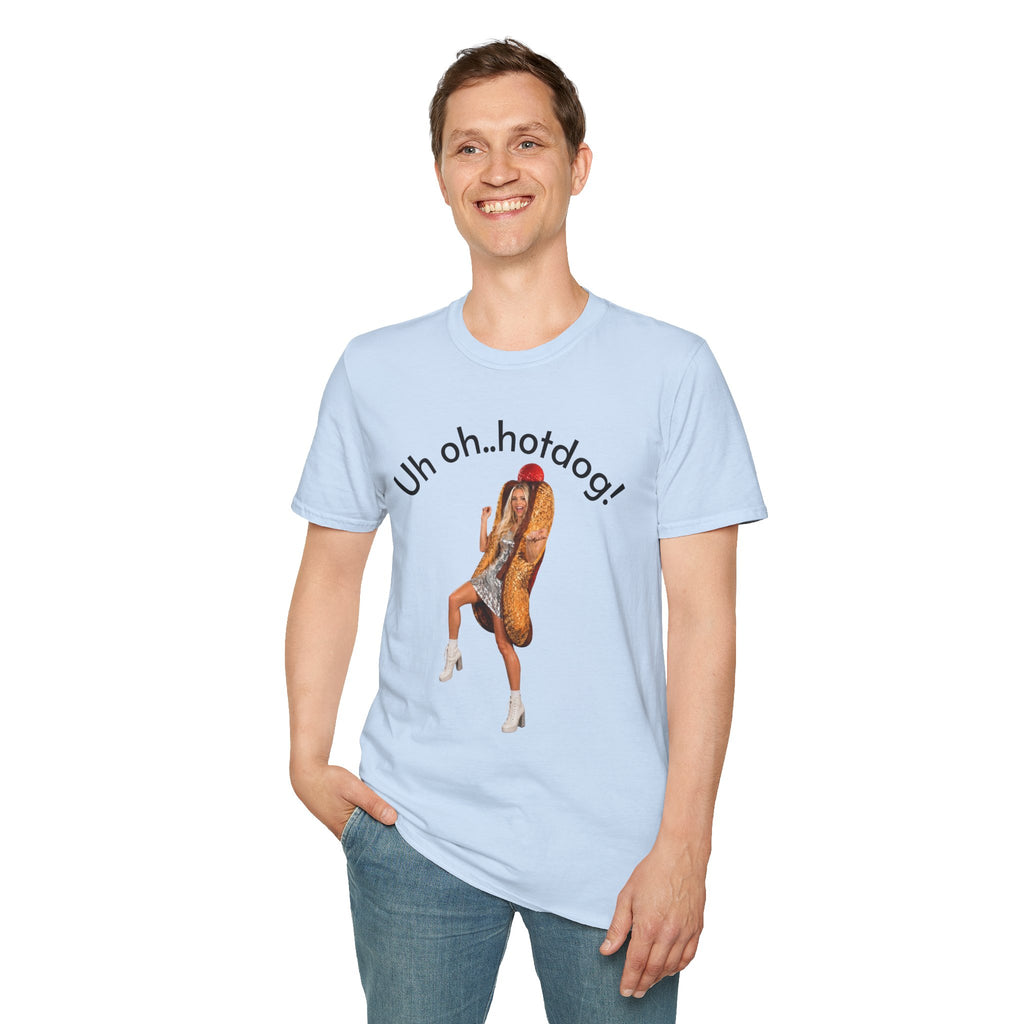 Crystal Sparkle Hotdog Costume by SneakyPete Humorous Unisex Softstyle T-Shirt - 'Uh oh.. hotdog!' Fun Graphic Tee