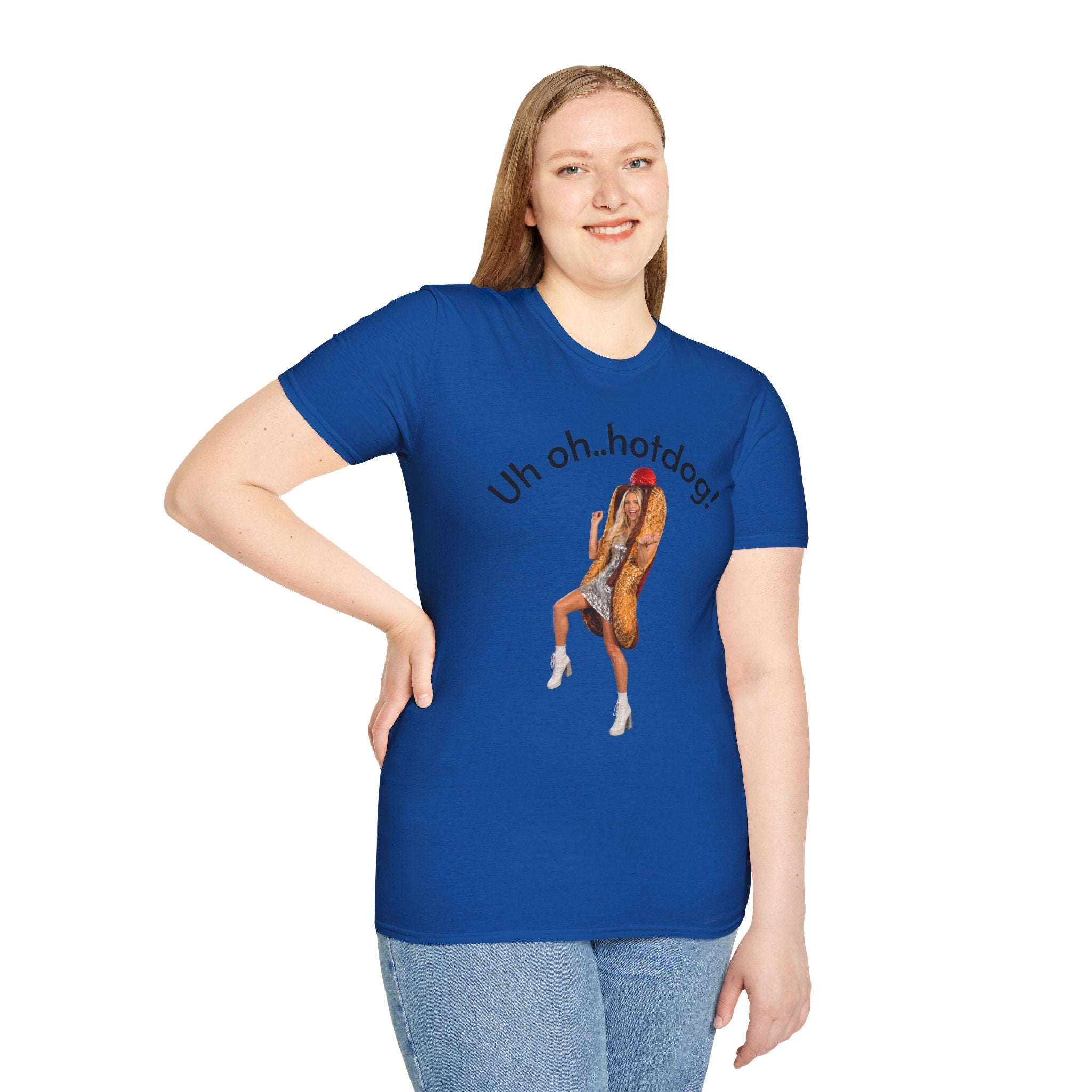 Crystal Sparkle Hotdog Costume by SneakyPete Humorous Unisex Softstyle T-Shirt - 'Uh oh.. hotdog!' Fun Graphic Tee