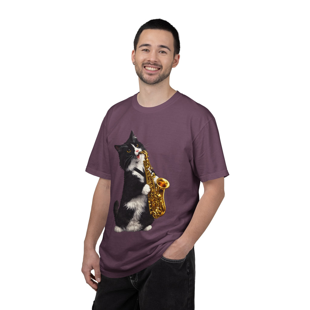 Tuxedo Cat Playing Saxophone T-Shirt — Funny Jazz Kitty Graphic Tee