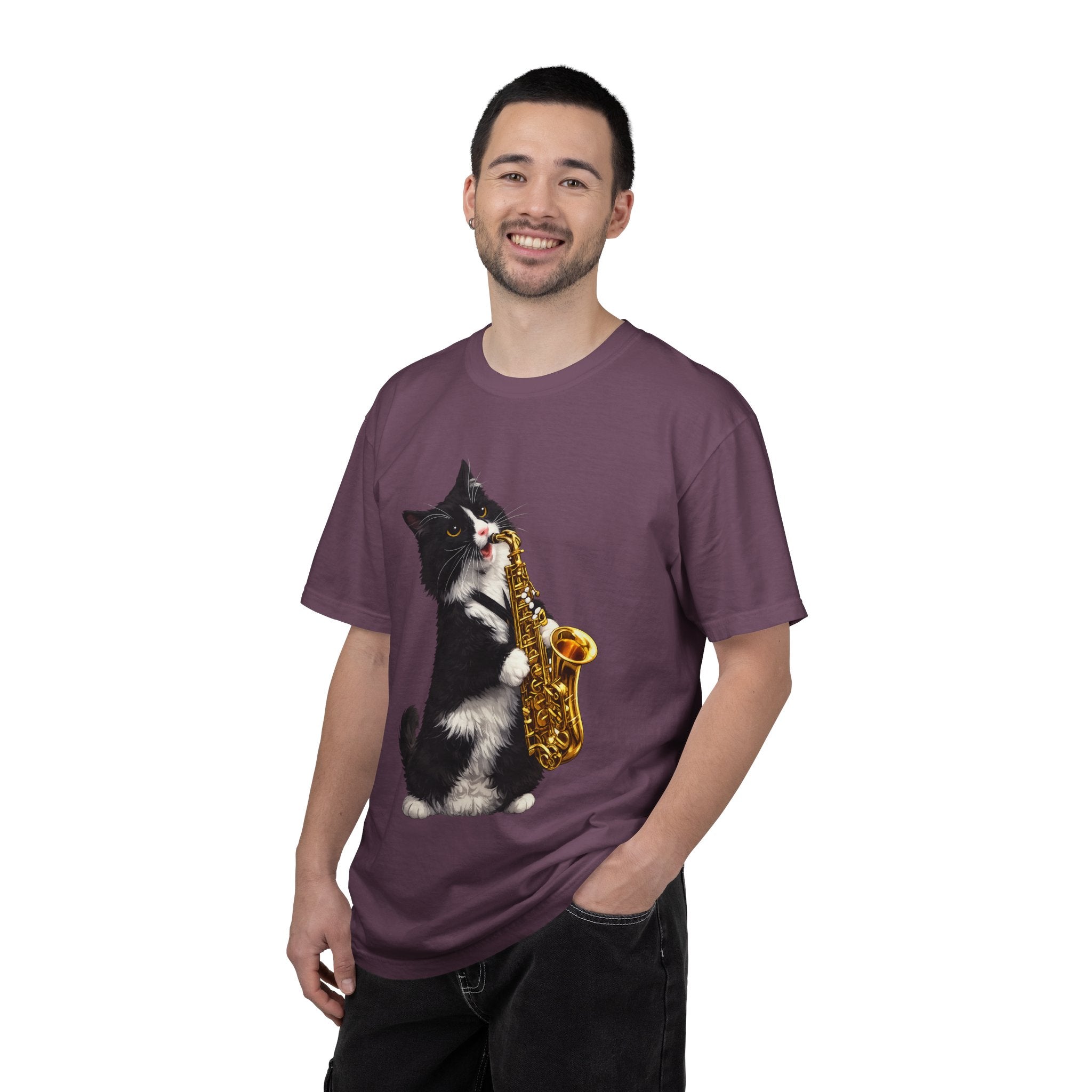 Tuxedo Cat Playing Saxophone T-Shirt — Funny Jazz Kitty Graphic Tee