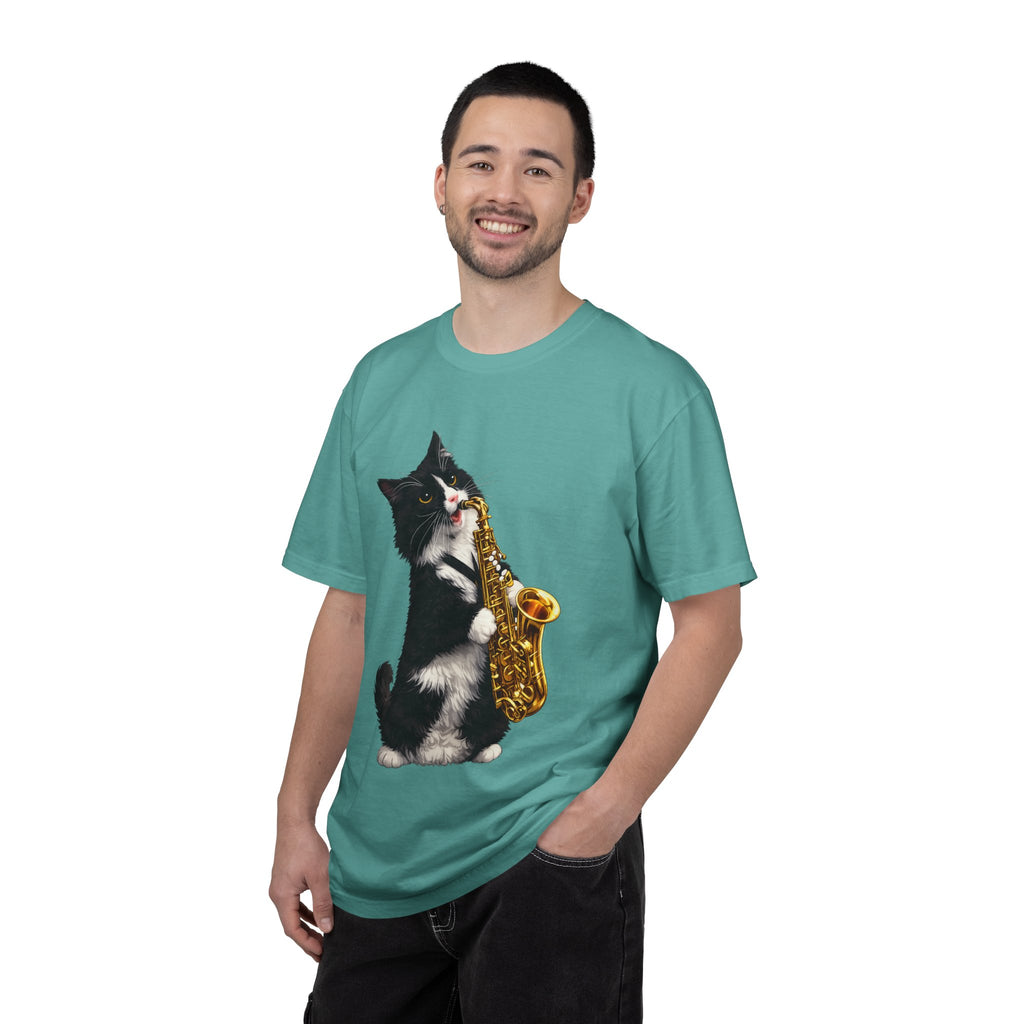 Tuxedo Cat Playing Saxophone T-Shirt — Funny Jazz Kitty Graphic Tee