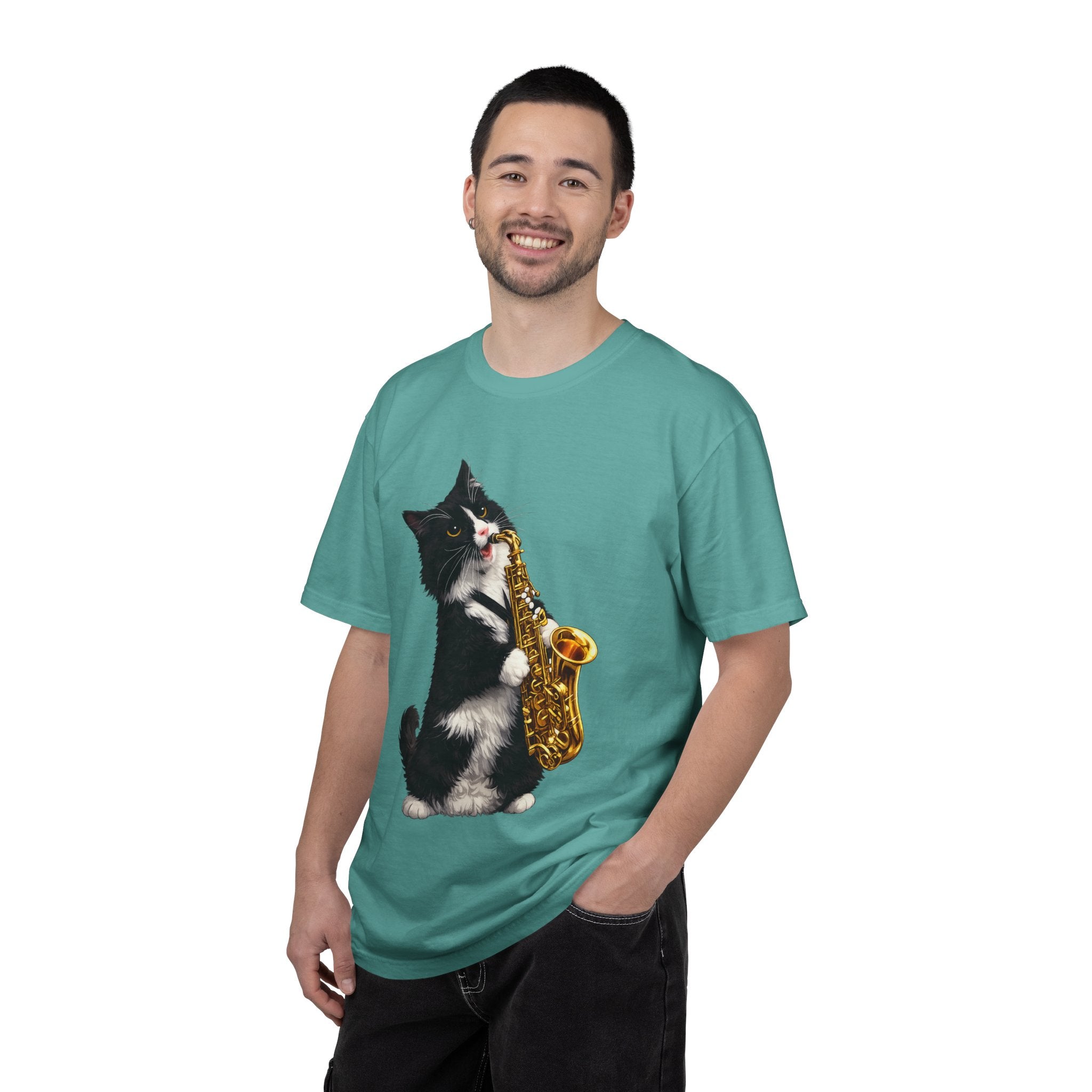 Tuxedo Cat Playing Saxophone T-Shirt — Funny Jazz Kitty Graphic Tee