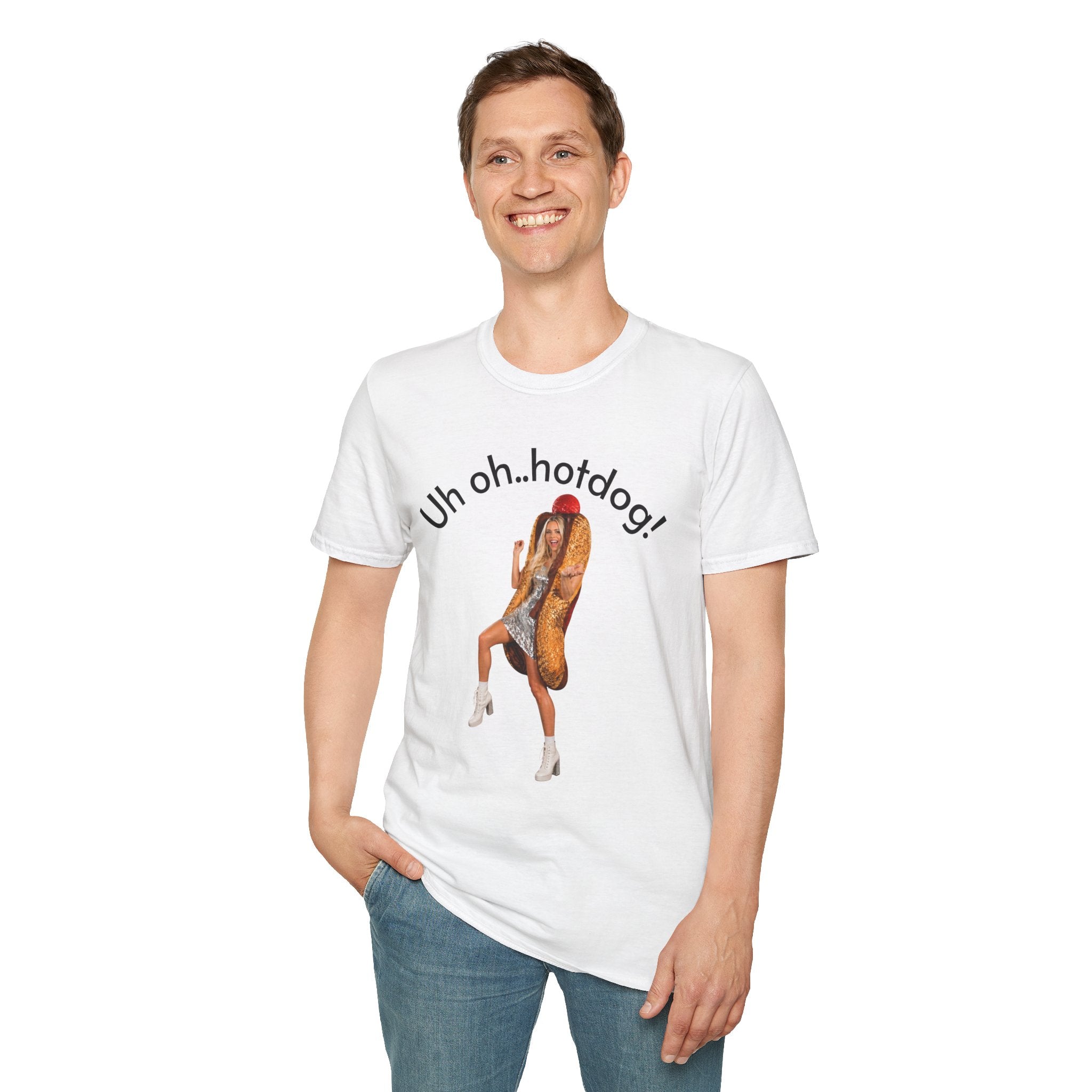 Crystal Sparkle Hotdog Costume by SneakyPete Humorous Unisex Softstyle T-Shirt - 'Uh oh.. hotdog!' Fun Graphic Tee
