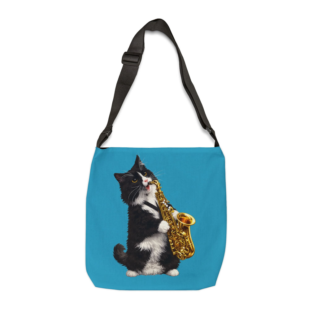 Saxophone Tuxedo Cat Adjustable Tote Bag — Cute Musical Cat Shoulder Bag