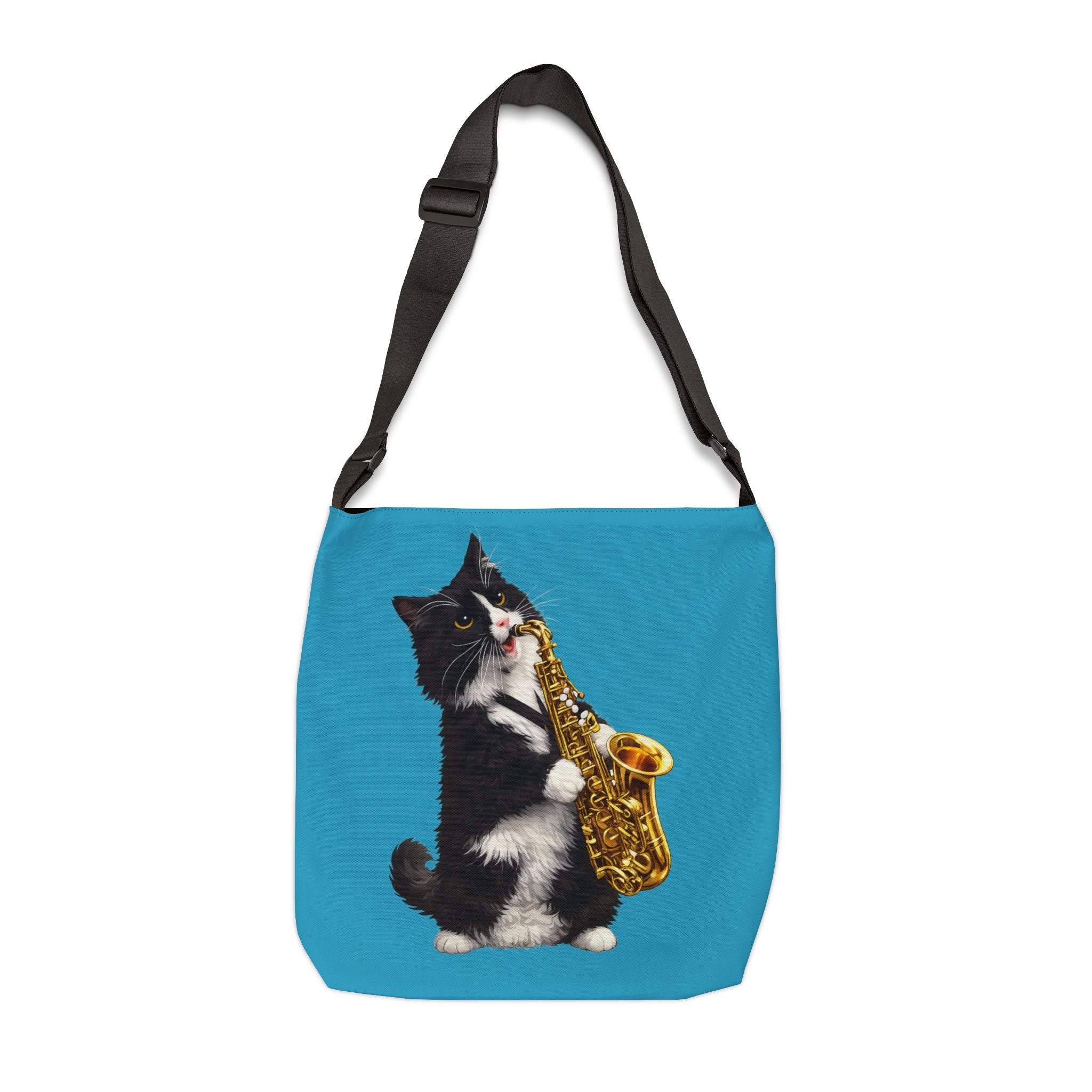 Saxophone Tuxedo Cat Adjustable Tote Bag — Cute Musical Cat Shoulder Bag