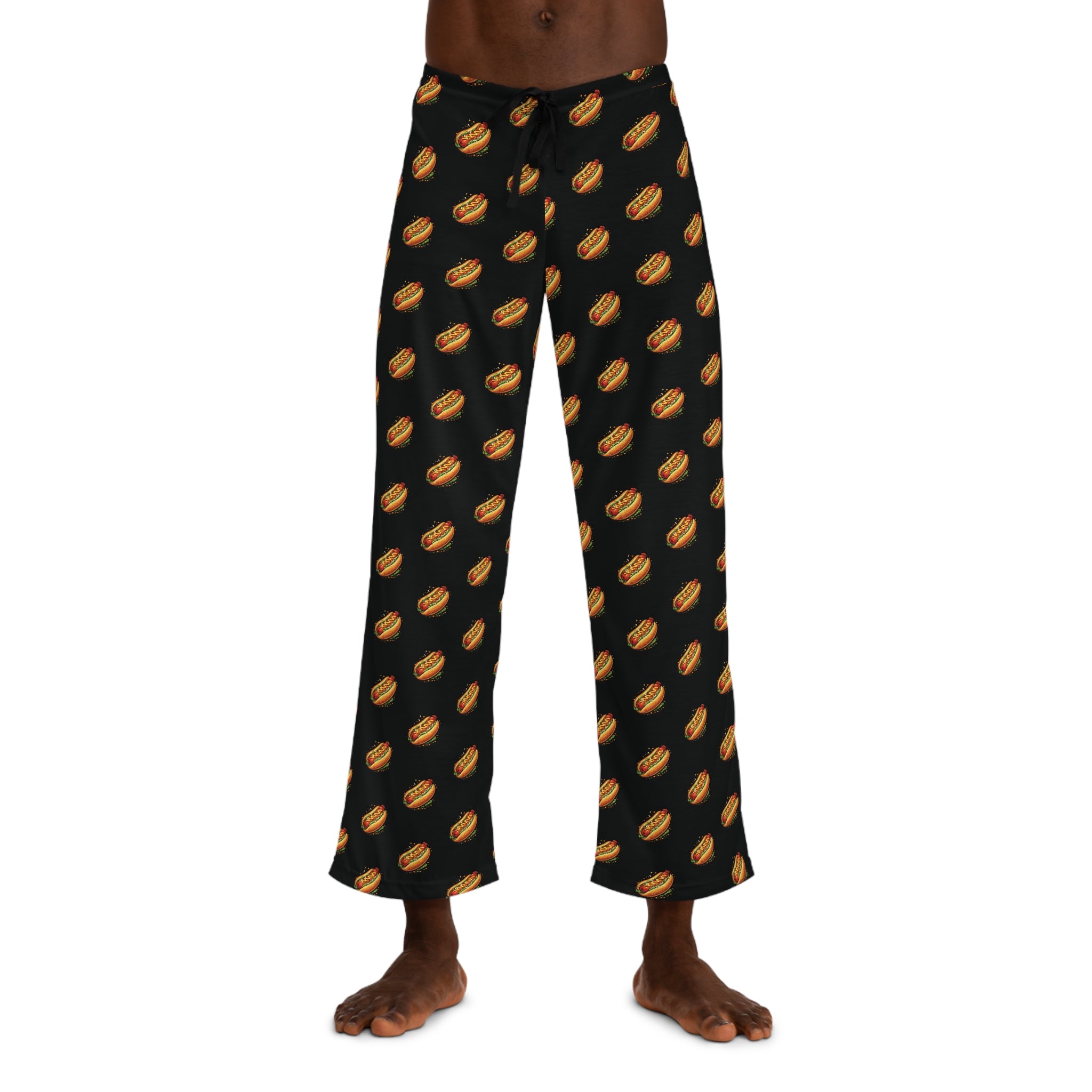 Men's Black Pajama Pants with Hotdog Pattern by Taliasaurus