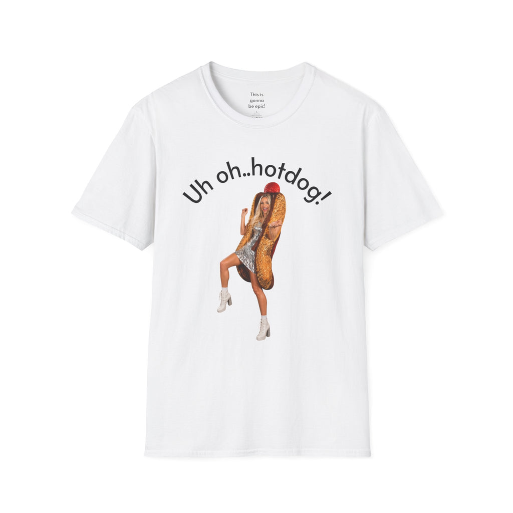 Crystal Sparkle Hotdog Costume by SneakyPete Humorous Unisex Softstyle T-Shirt - 'Uh oh.. hotdog!' Fun Graphic Tee