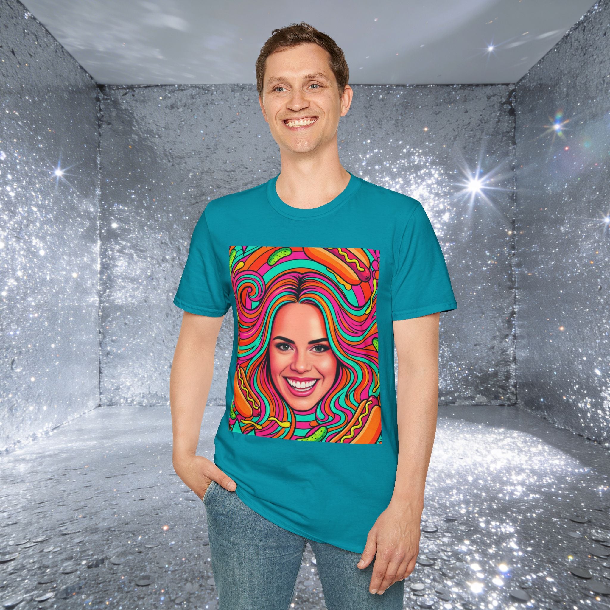 Psychedelic Pop Crystal Sparkle Portrait by FoxQT T-Shirt — Colorful Swirl Face Art Tee