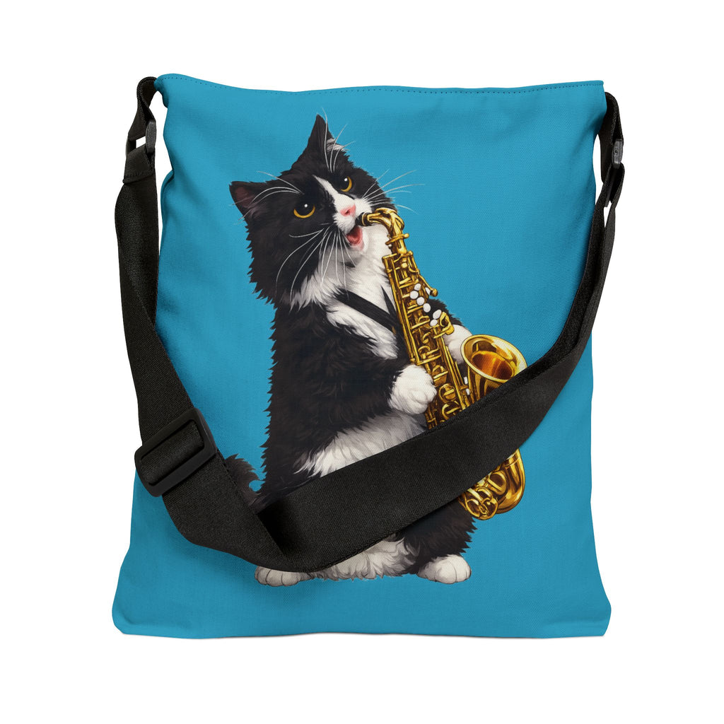 Saxophone Tuxedo Cat Adjustable Tote Bag — Cute Musical Cat Shoulder Bag