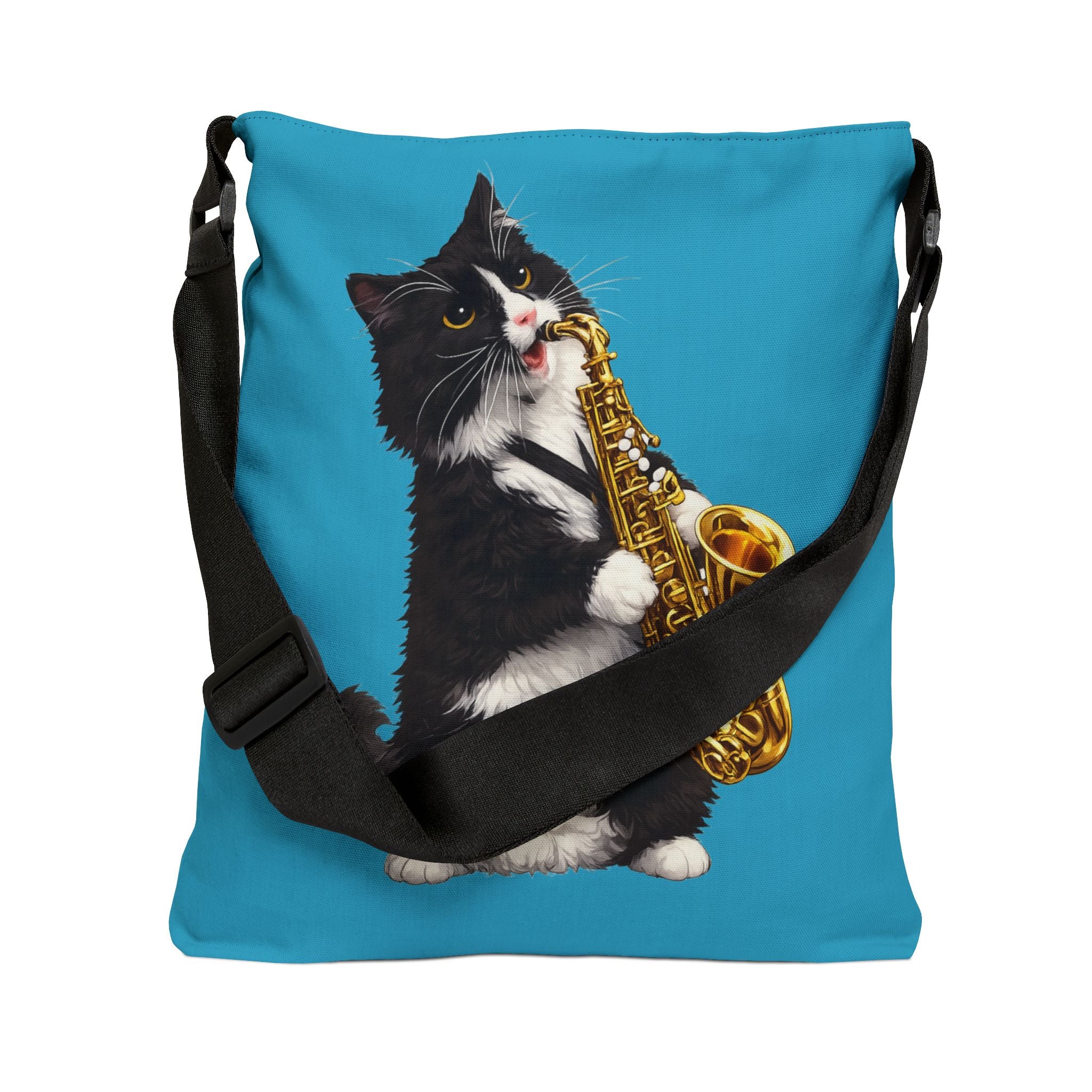 Saxophone Tuxedo Cat Adjustable Tote Bag — Cute Musical Cat Shoulder Bag