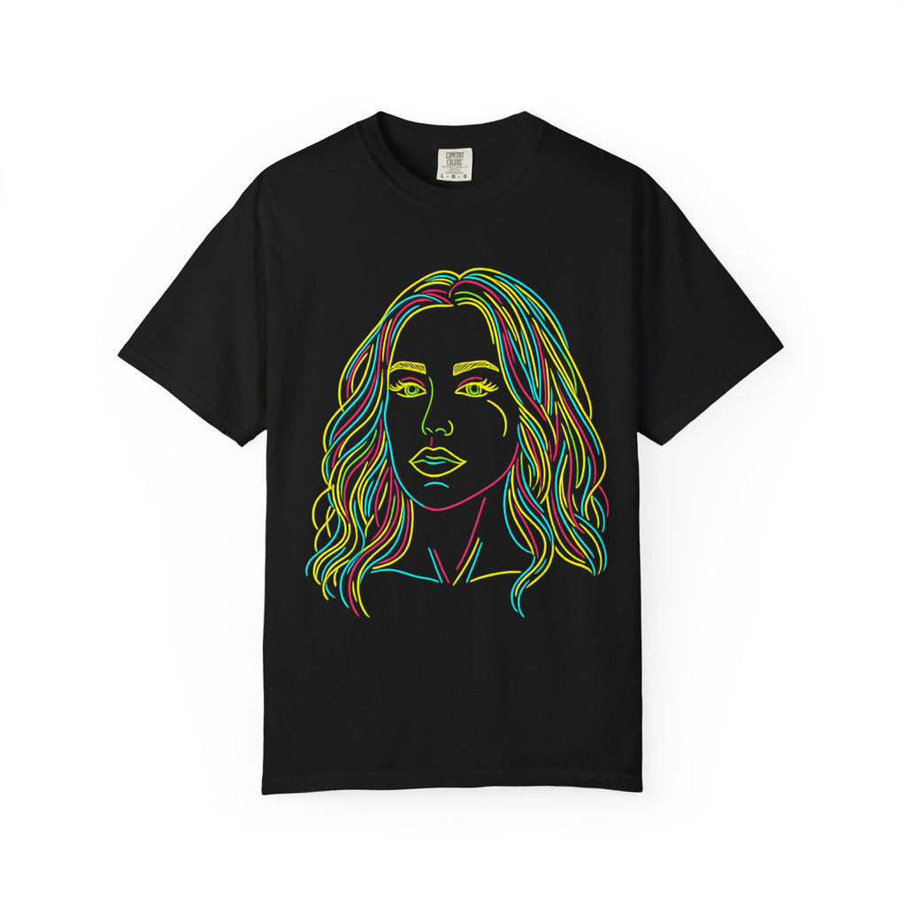 Crystal Sparkle Neon Line Art Portrait by CowboyH T-Shirt — Colorful Women's Face Graphic Tee