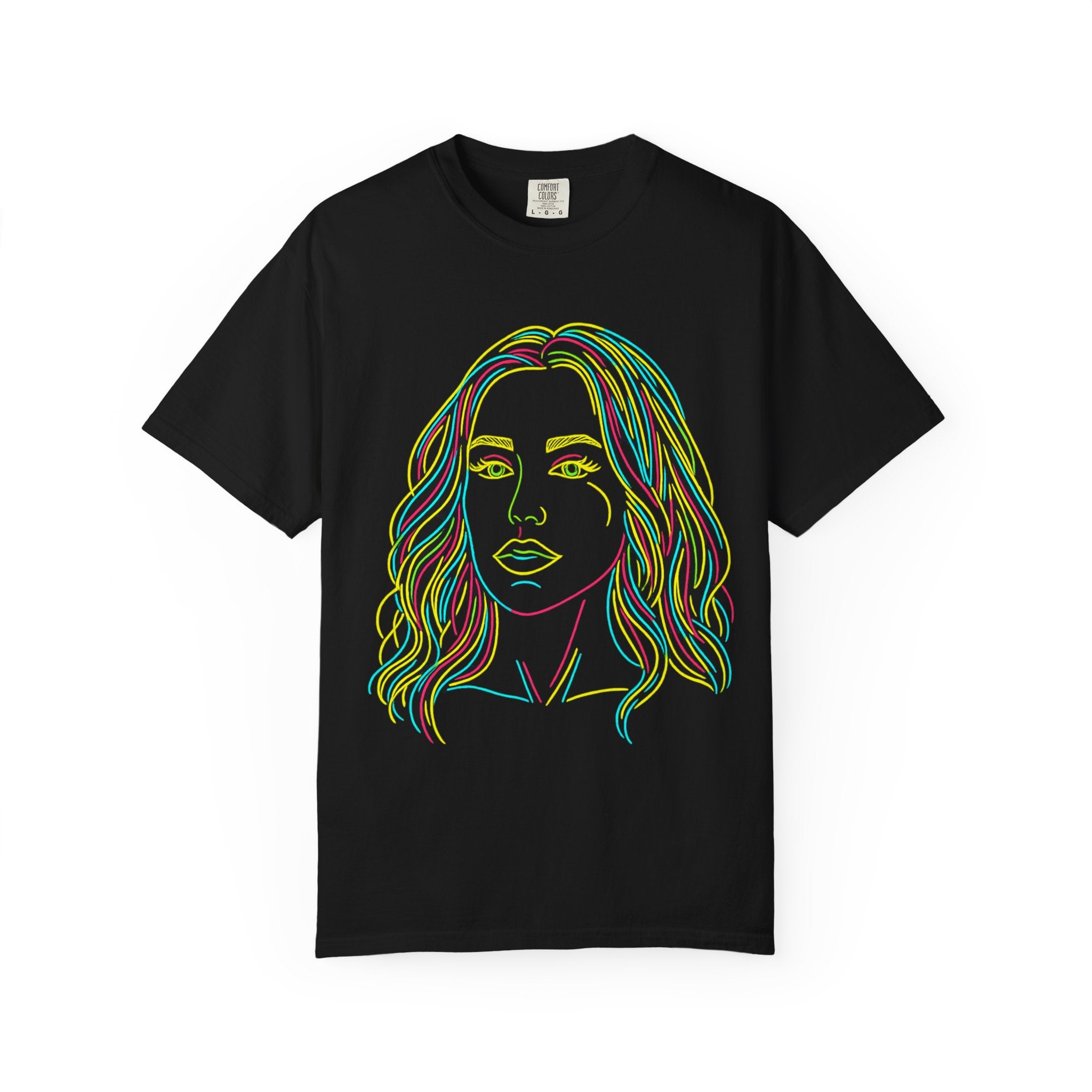 Crystal Sparkle Neon Line Art Portrait by CowboyH T-Shirt — Colorful Women's Face Graphic Tee