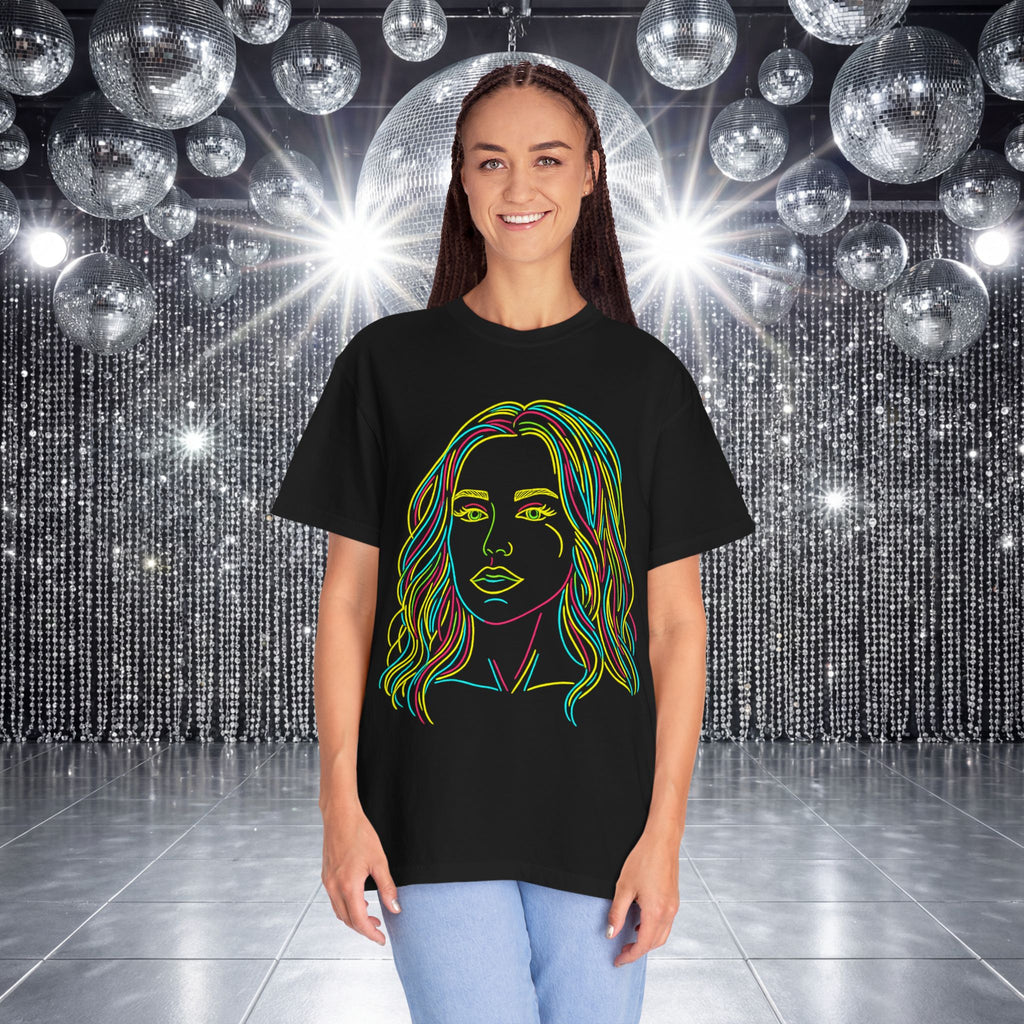 Crystal Sparkle Neon Line Art Portrait by CowboyH T-Shirt — Colorful Women's Face Graphic Tee