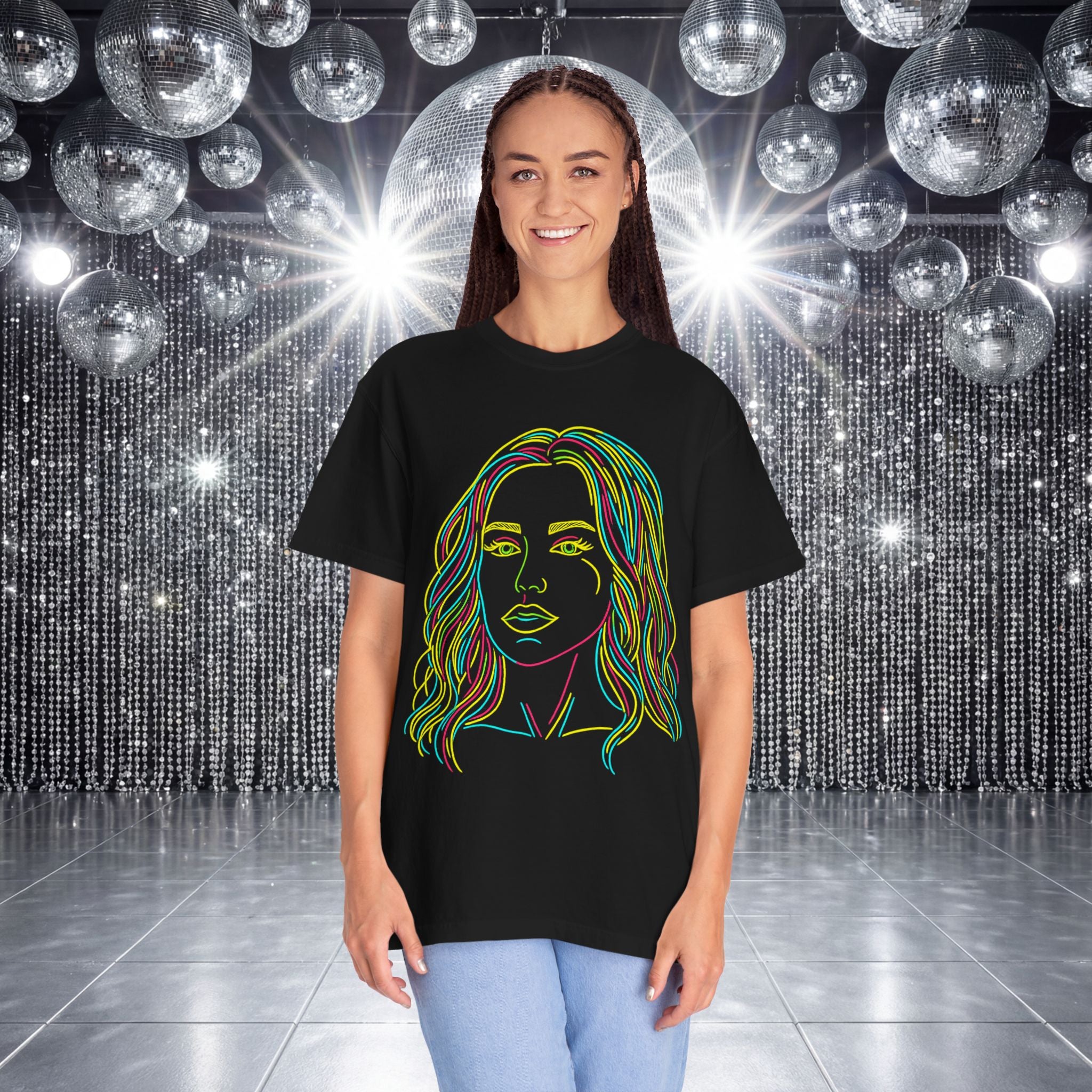 Crystal Sparkle Neon Line Art Portrait by CowboyH T-Shirt — Colorful Women's Face Graphic Tee