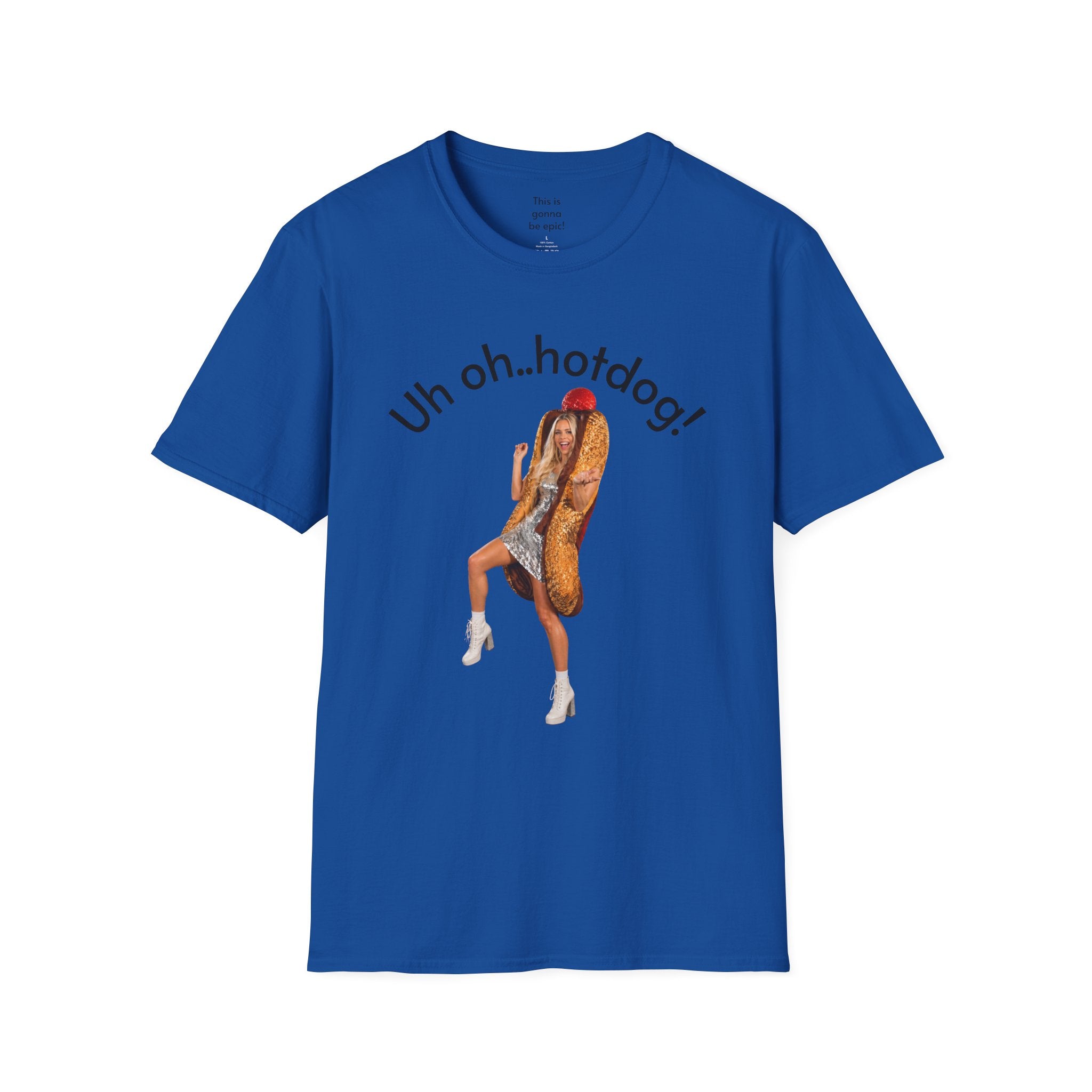 Crystal Sparkle Hotdog Costume by SneakyPete Humorous Unisex Softstyle T-Shirt - 'Uh oh.. hotdog!' Fun Graphic Tee