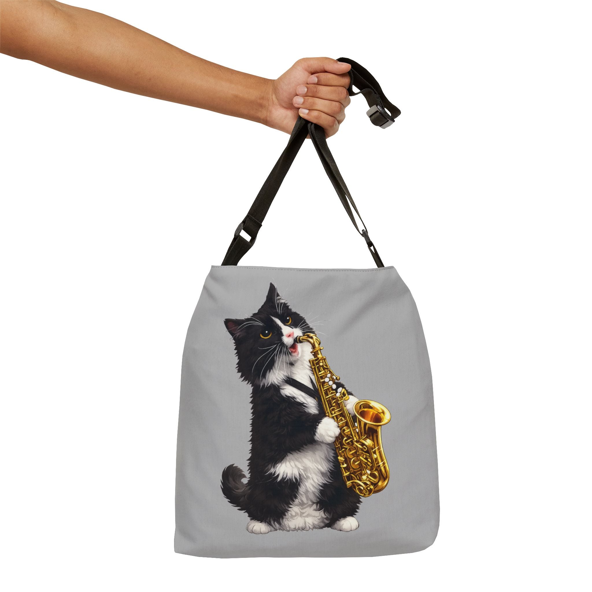 Saxophone Tuxedo Cat Grey Adjustable Tote Bag — Cute Musical Cat Shoulder Bag