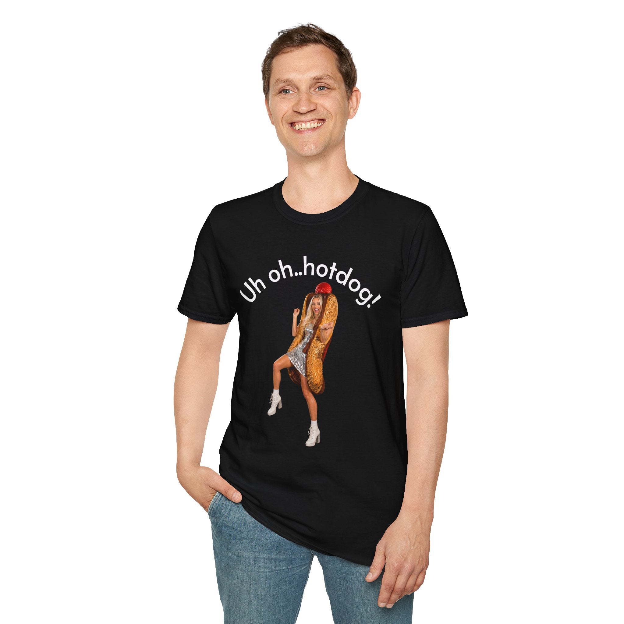 Crystal Sparkle Hotdog Costume by SneakyPete Humorous Unisex Softstyle T-Shirt - 'Uh oh.. hotdog!' Fun Graphic Tee