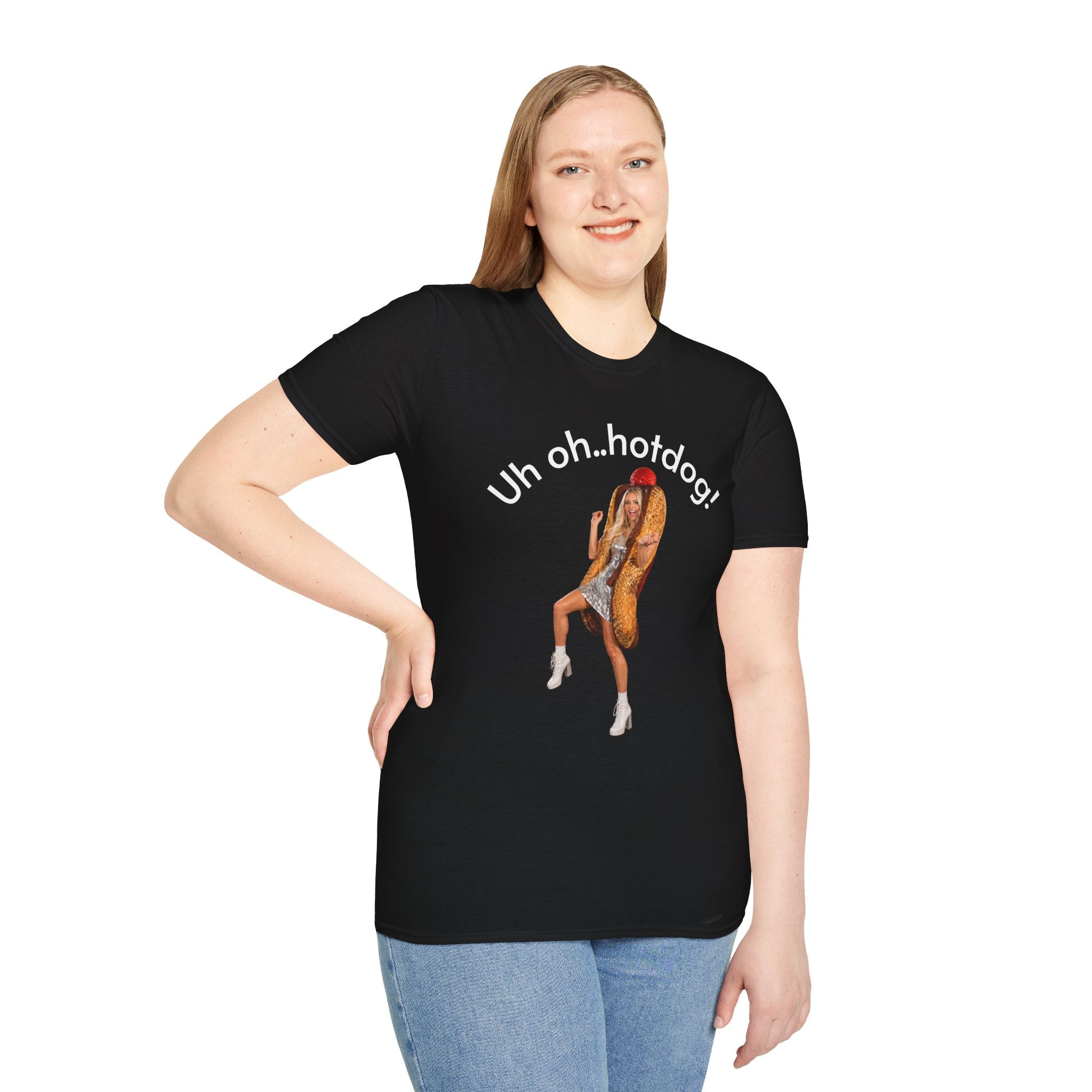 Crystal Sparkle Hotdog Costume by SneakyPete Humorous Unisex Softstyle T-Shirt - 'Uh oh.. hotdog!' Fun Graphic Tee