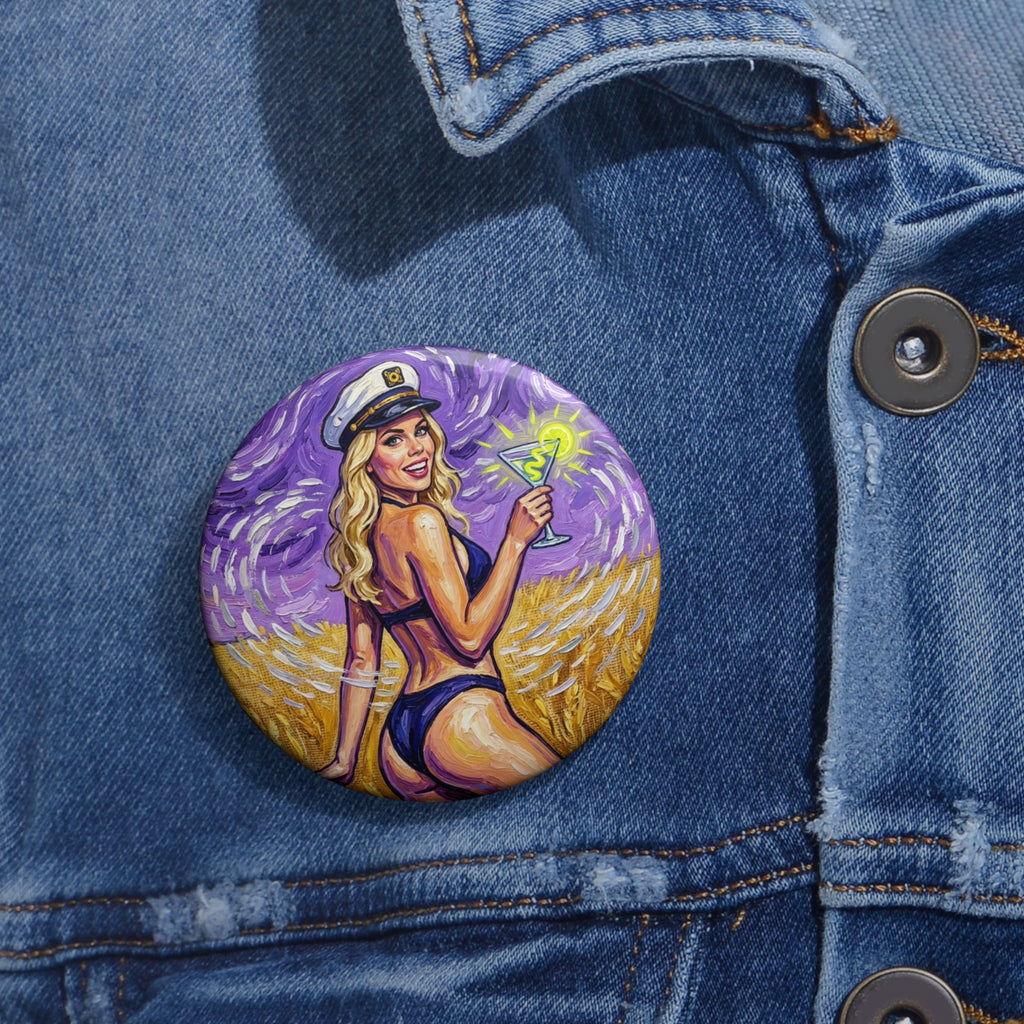 Crystal Sparkle Round Sailor Painting by FoxQT Pin Button — Retro Beach Pin-Up with Cocktail