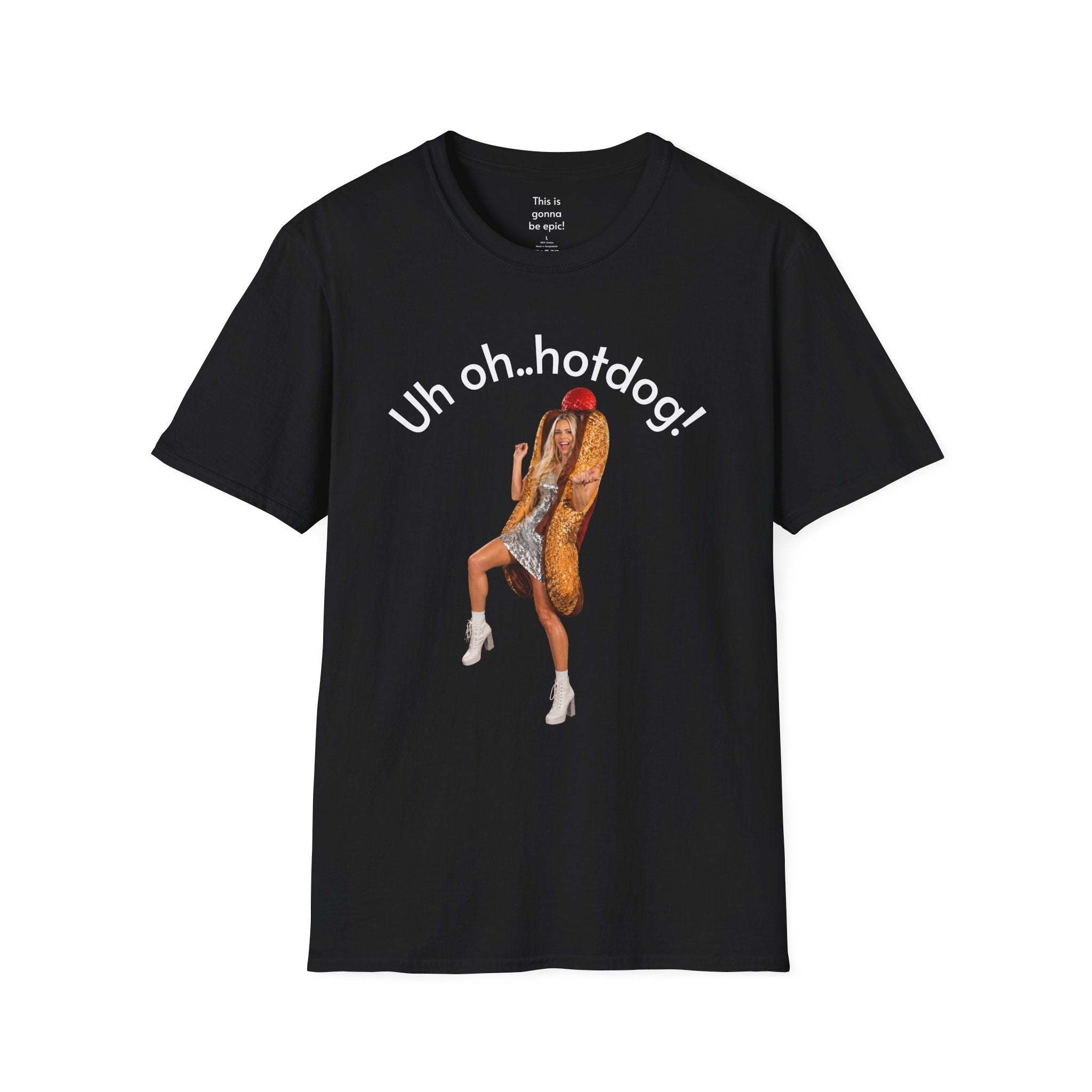 Crystal Sparkle Hotdog Costume by SneakyPete Humorous Unisex Softstyle T-Shirt - 'Uh oh.. hotdog!' Fun Graphic Tee