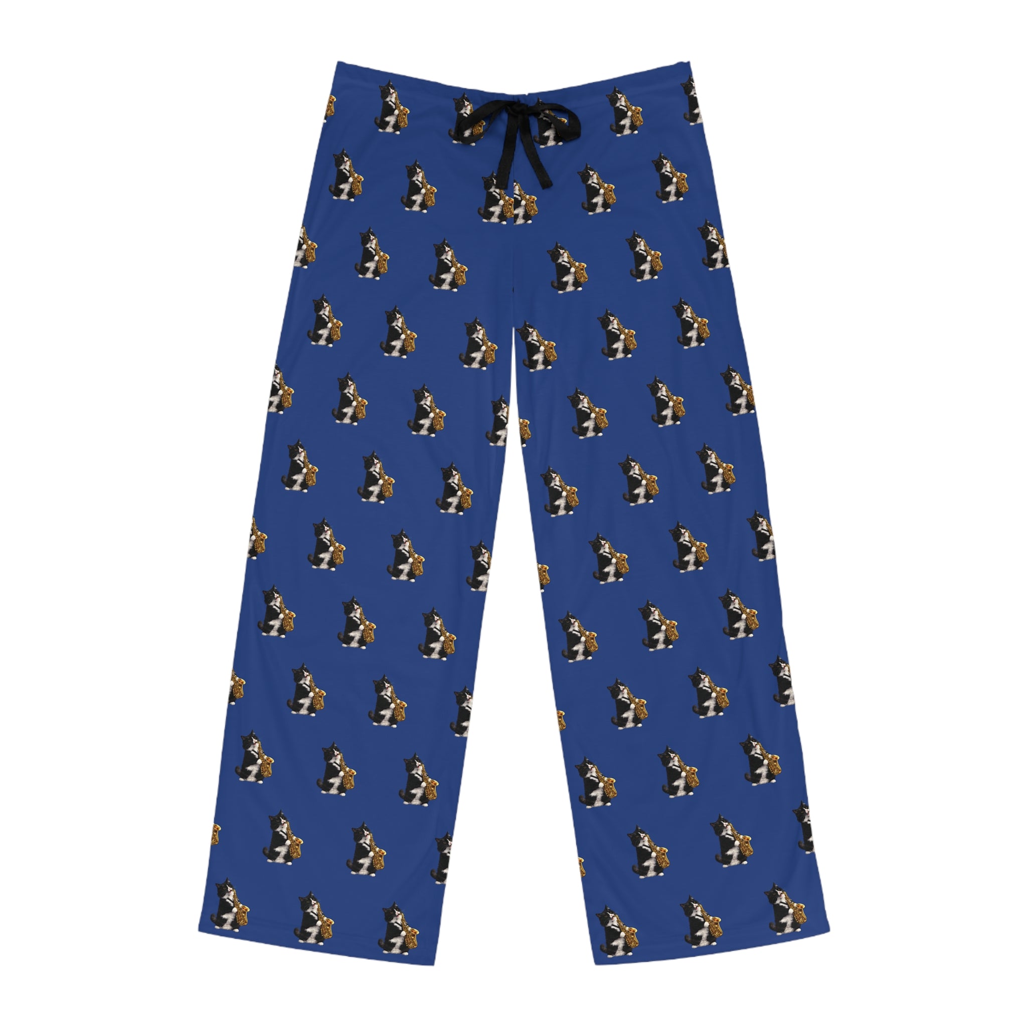 Men's Blue Pajama Pants with Tuxedo Cat Playing Saxophone Pattern
