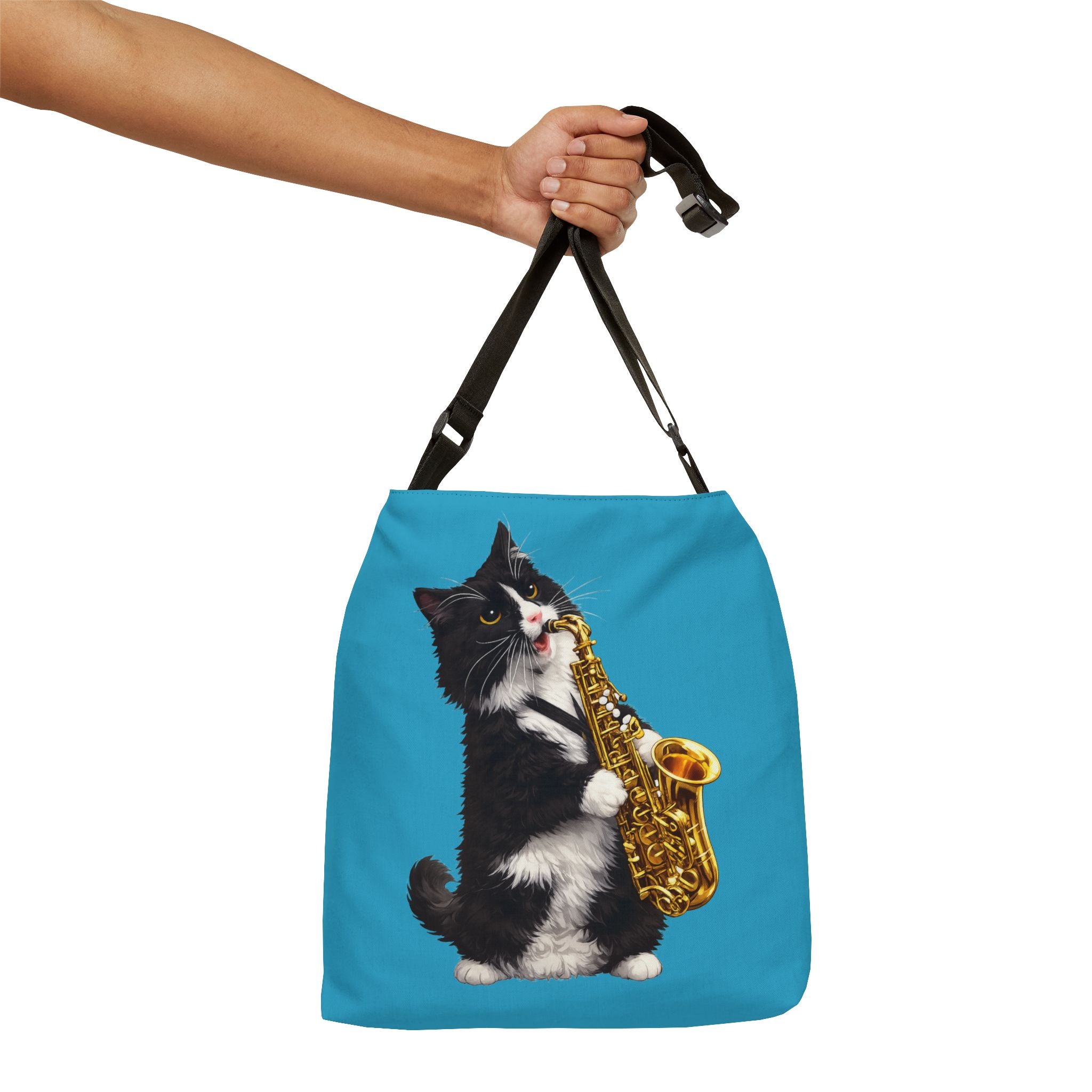 Saxophone Tuxedo Cat Adjustable Tote Bag — Cute Musical Cat Shoulder Bag