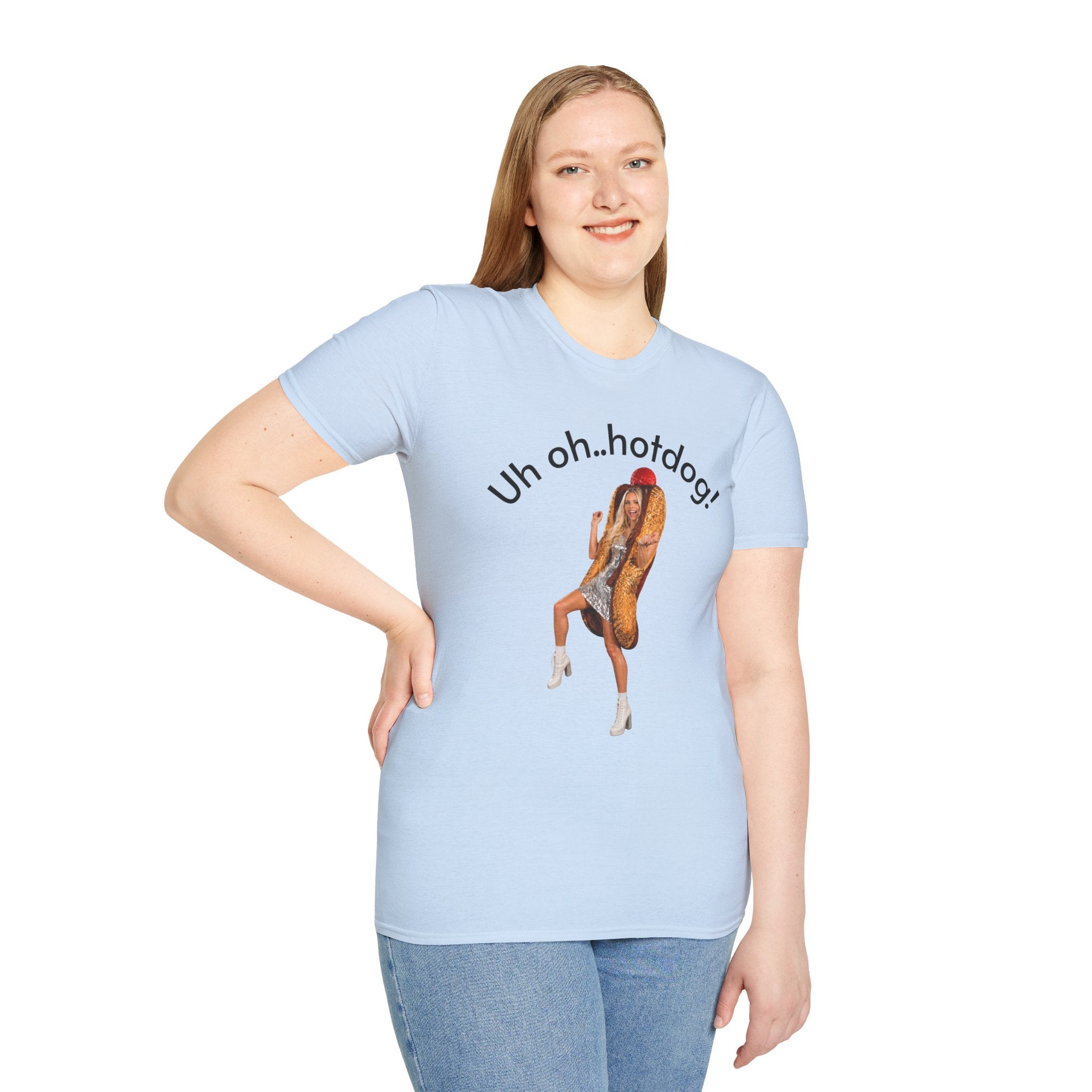 Crystal Sparkle Hotdog Costume by SneakyPete Humorous Unisex Softstyle T-Shirt - 'Uh oh.. hotdog!' Fun Graphic Tee
