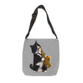Saxophone Tuxedo Cat Grey Adjustable Tote Bag — Cute Musical Cat Shoulder Bag