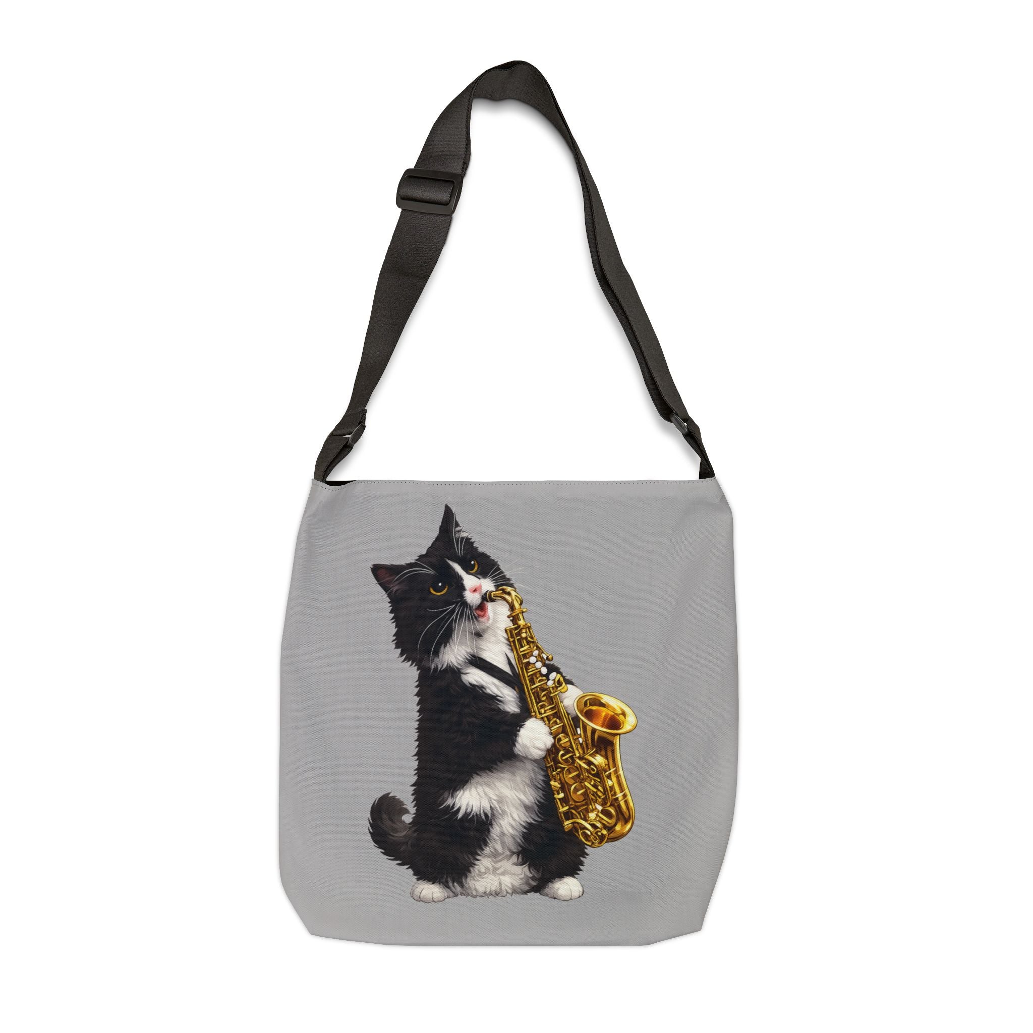Saxophone Tuxedo Cat Grey Adjustable Tote Bag — Cute Musical Cat Shoulder Bag
