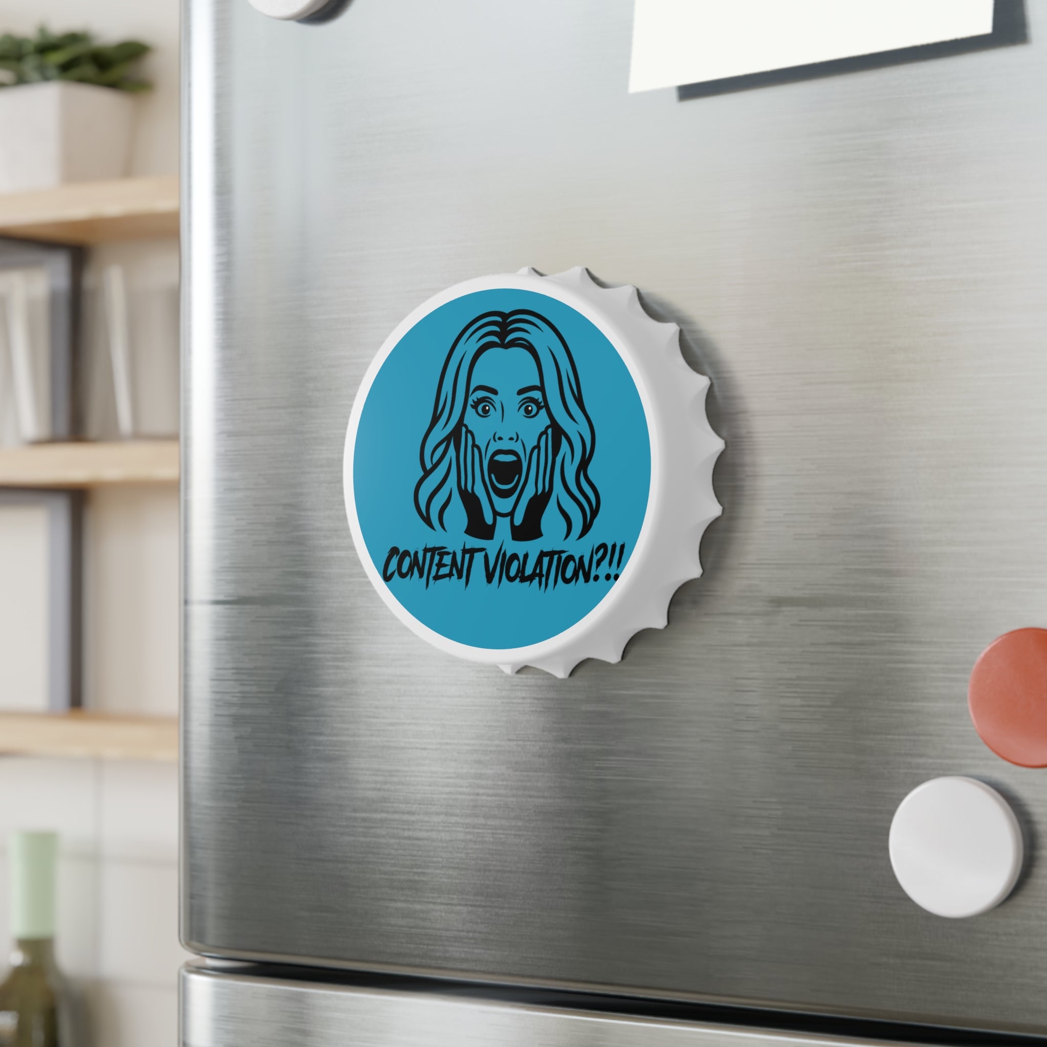 Crystal Sparkle Content Violation?! Teal Bottle Opener — Funny Pop Art Bar Keychain for Social Media Moderators