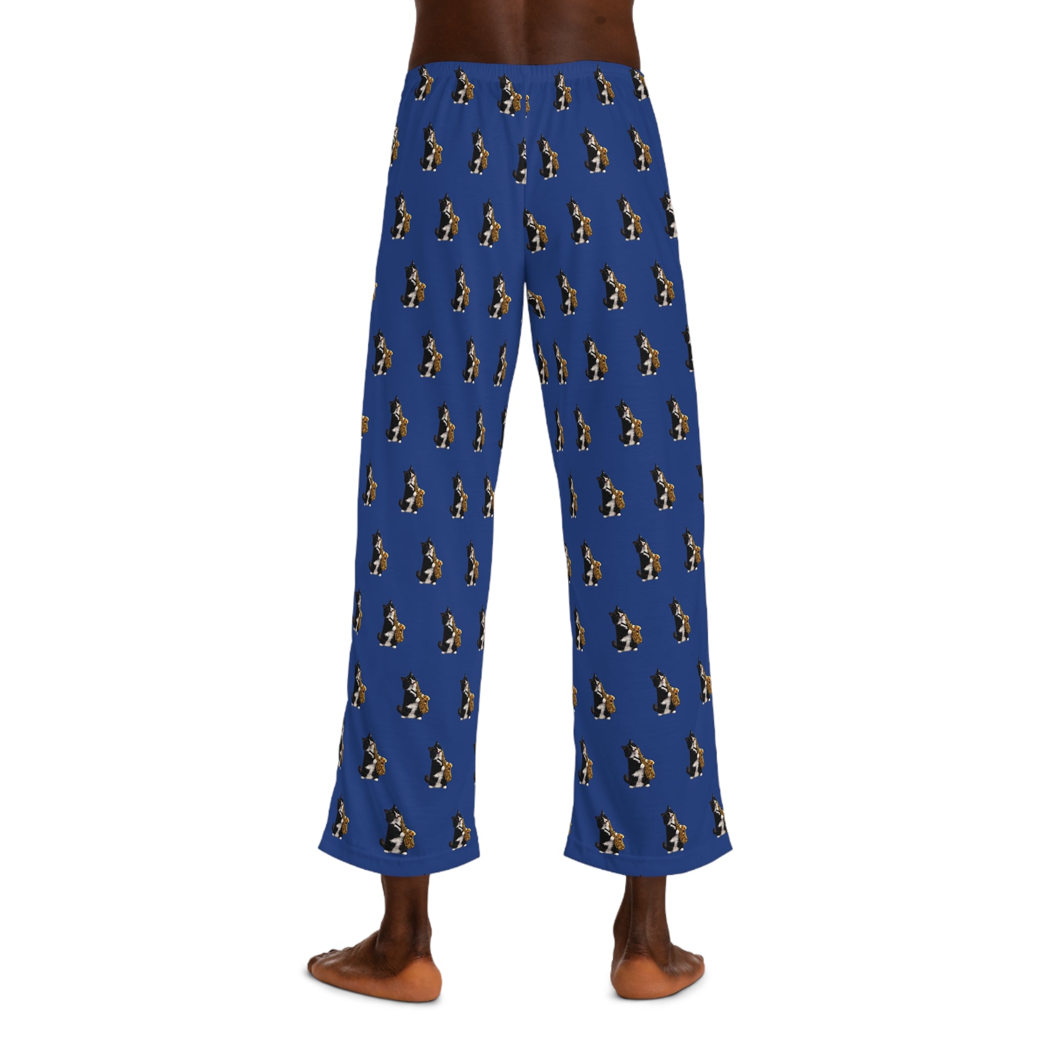 Men's Blue Pajama Pants with Tuxedo Cat Playing Saxophone Pattern