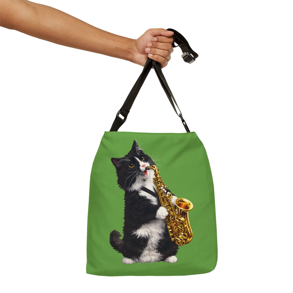 Saxophone Tuxedo Cat Green Adjustable Tote Bag — Cute Musical Cat Shoulder Bag