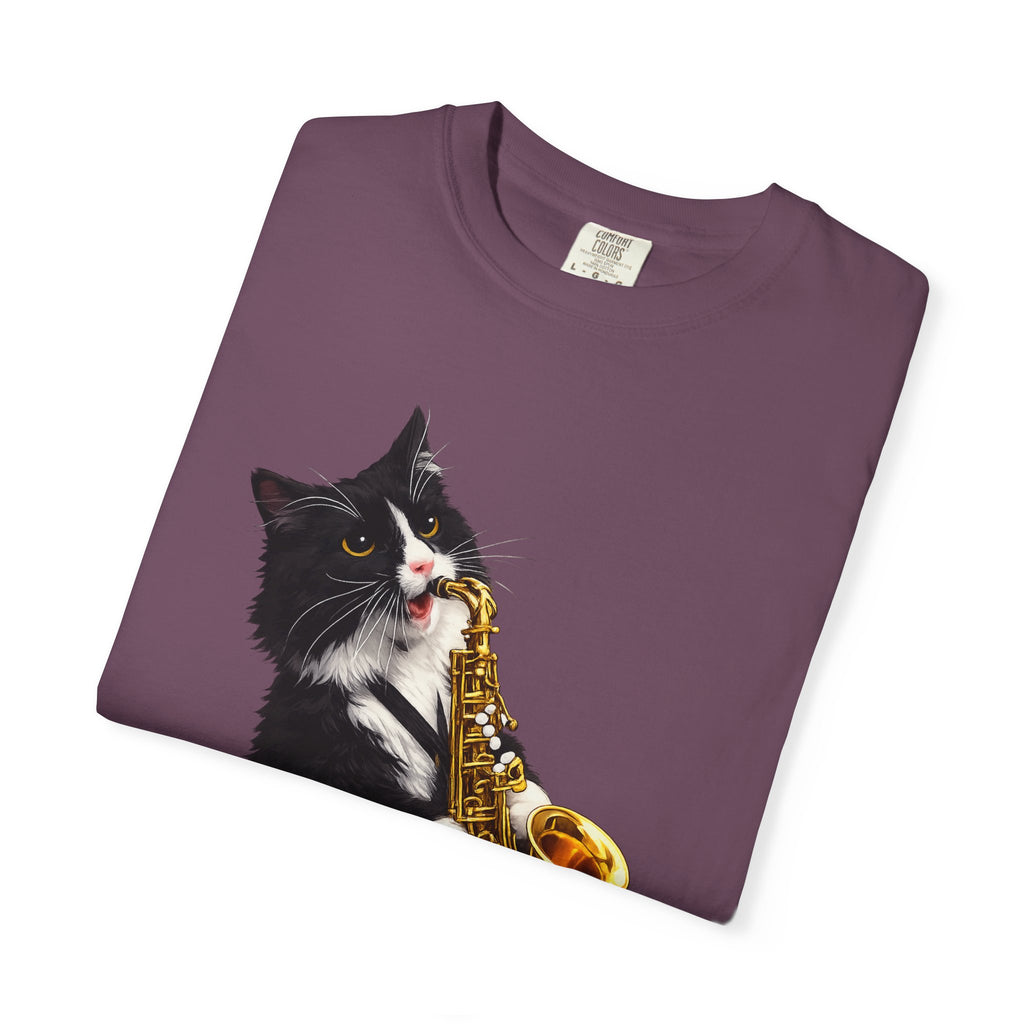 Tuxedo Cat Playing Saxophone T-Shirt — Funny Jazz Kitty Graphic Tee