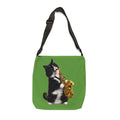 Saxophone Tuxedo Cat Green Adjustable Tote Bag — Cute Musical Cat Shoulder Bag