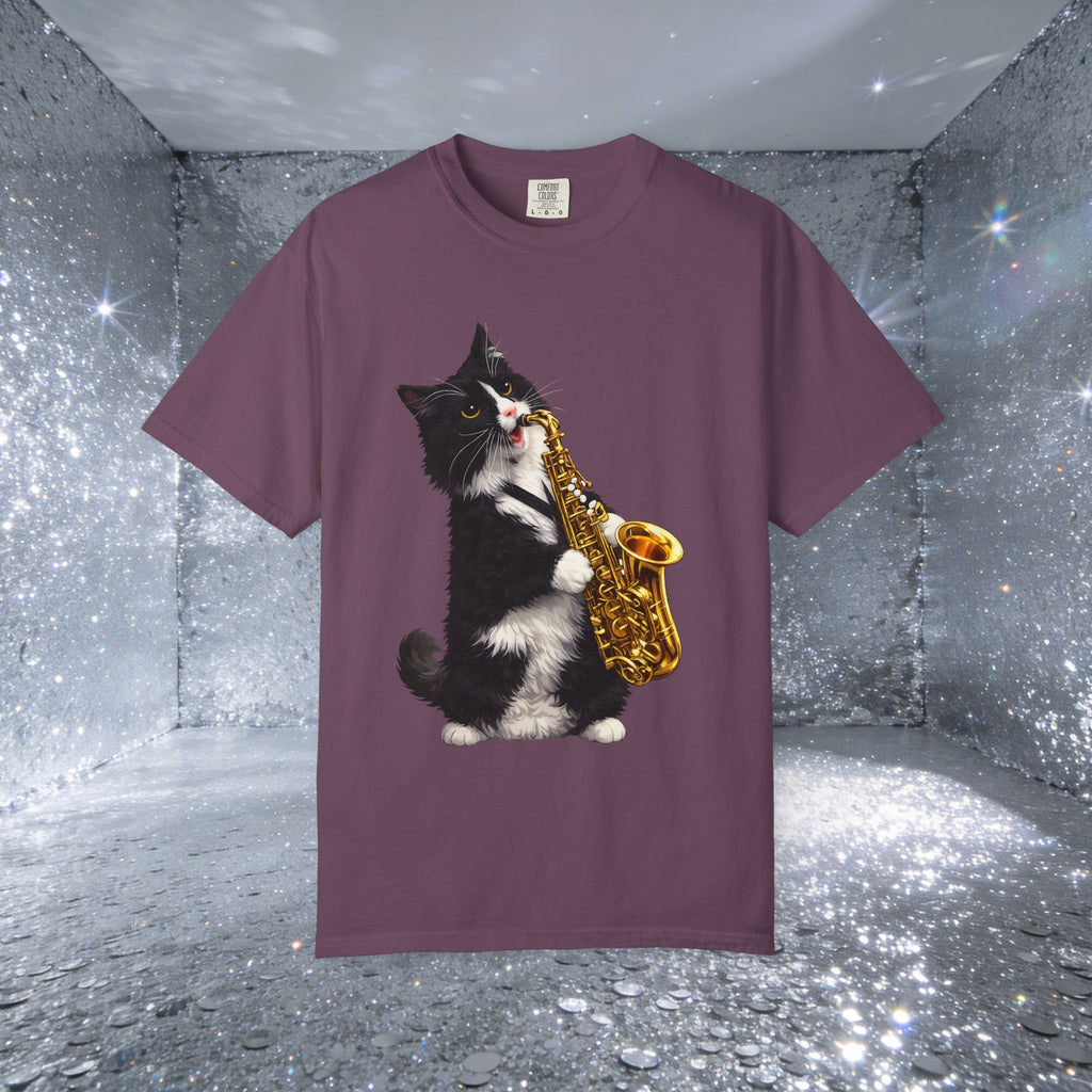 Tuxedo Cat Playing Saxophone T-Shirt — Funny Jazz Kitty Graphic Tee