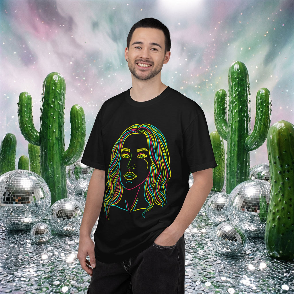 Crystal Sparkle Neon Line Art Portrait by CowboyH T-Shirt — Colorful Women's Face Graphic Tee