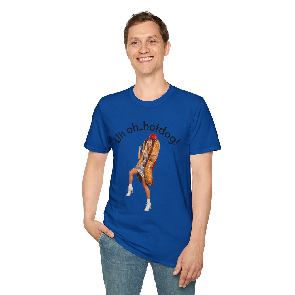 Crystal Sparkle Hotdog Costume by SneakyPete Humorous Unisex Softstyle T-Shirt - 'Uh oh.. hotdog!' Fun Graphic Tee