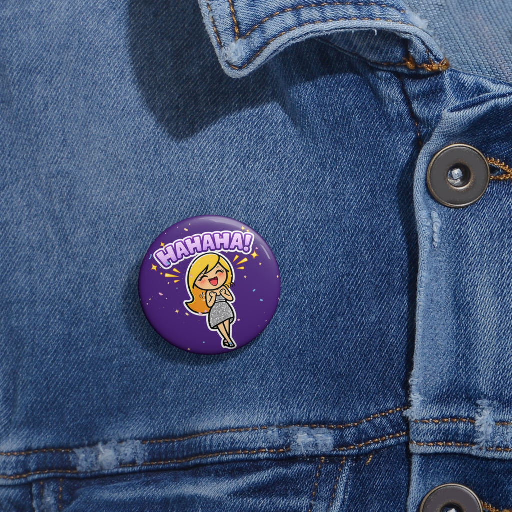 Laughing Crystal Sparkle Pin Button — Funny Cartoon Badge with "HAHAHA!" Text