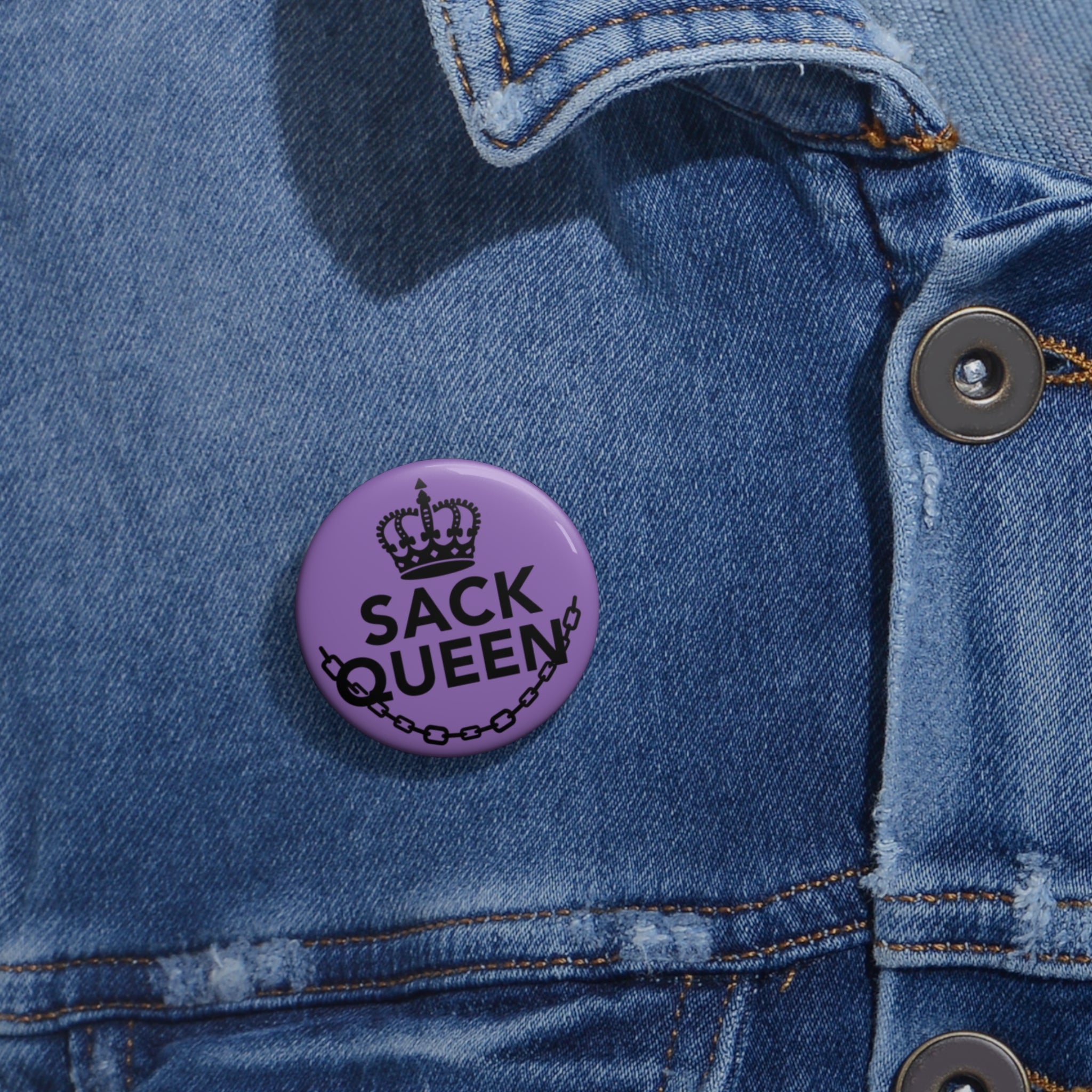 Sack Queen Pin Button — Purple Crown & Chain Lapel Badge