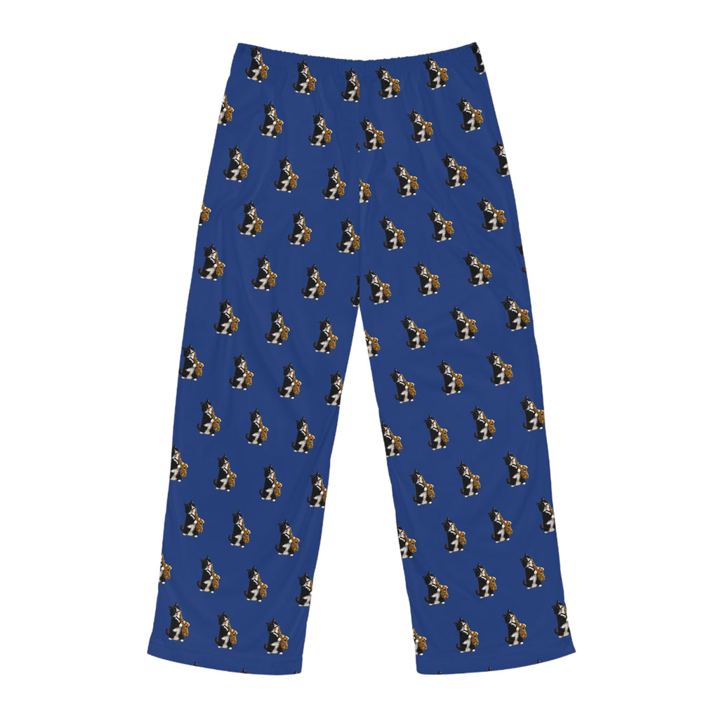 Men's Blue Pajama Pants with Tuxedo Cat Playing Saxophone Pattern